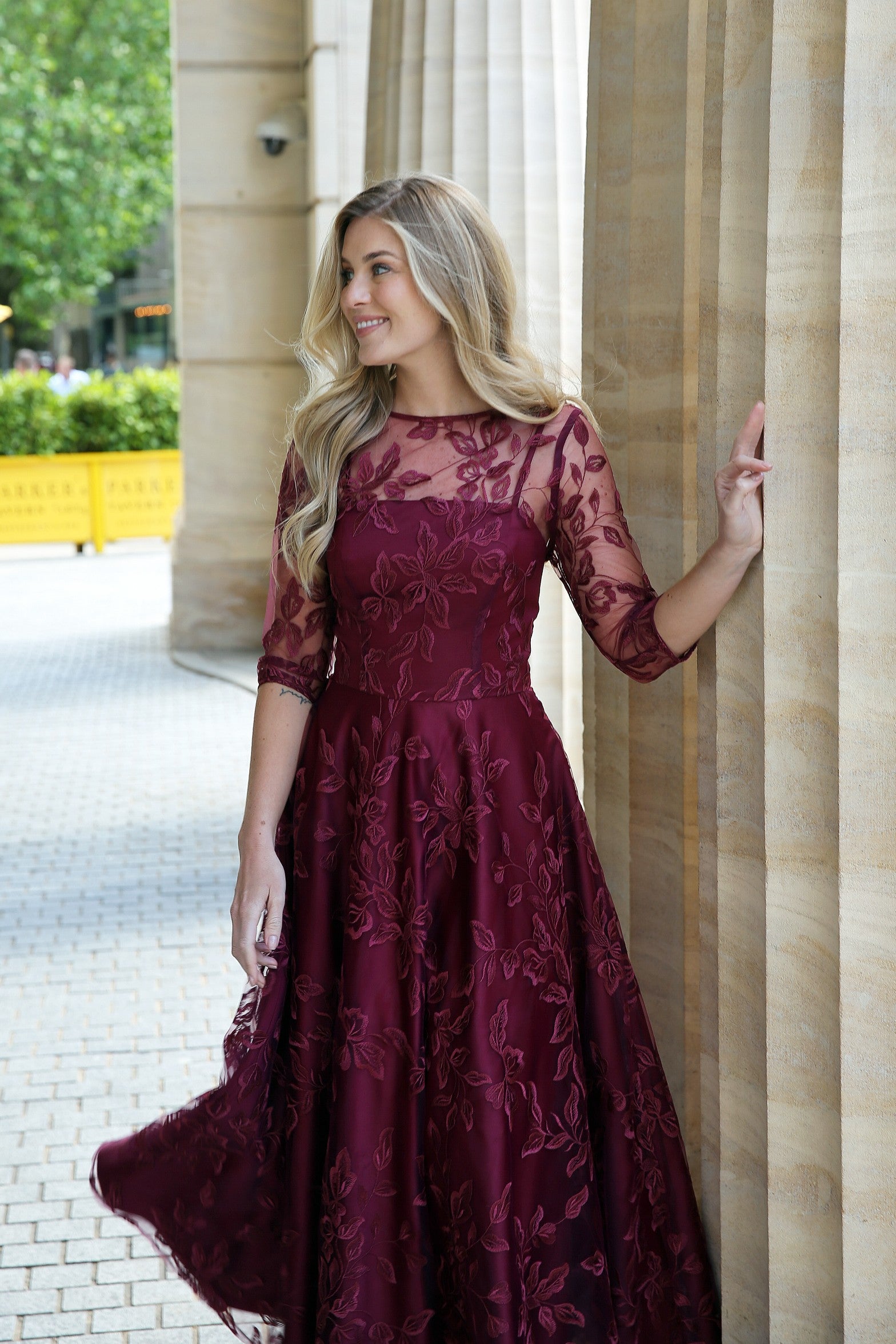 Marilyn Luxe Satin Embroidery Occasion Dress in Ruby