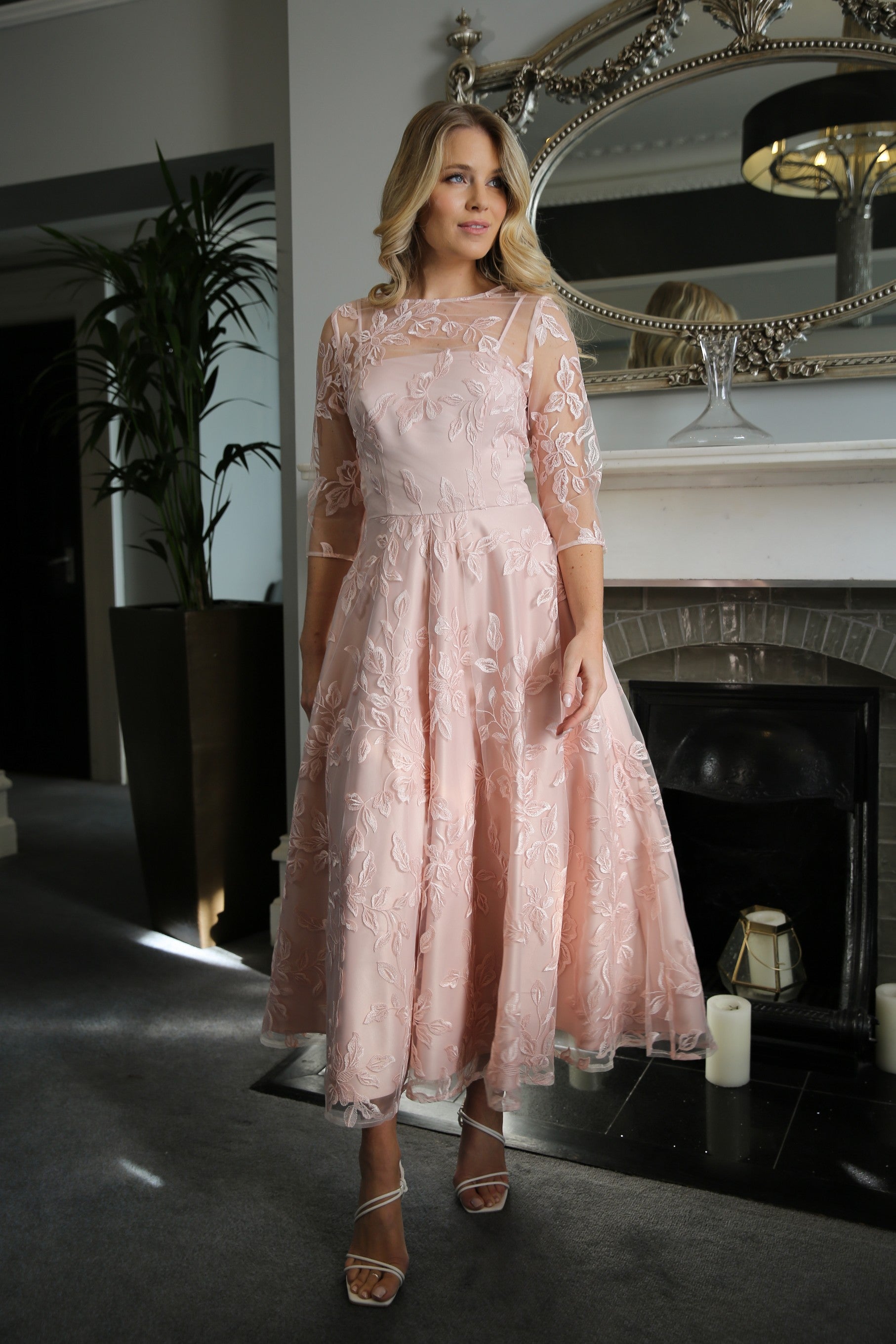 Marilyn Luxe Satin Embroidery Occasion Dress in Seashell