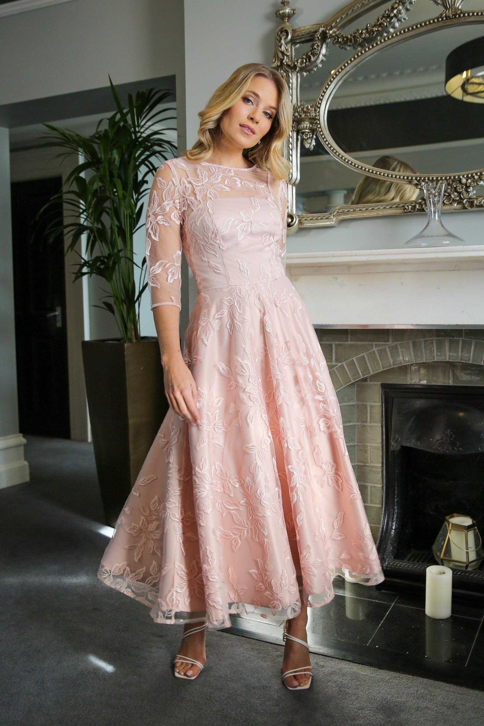 Marilyn Luxe Satin Embroidery Occasion Dress in Seashell