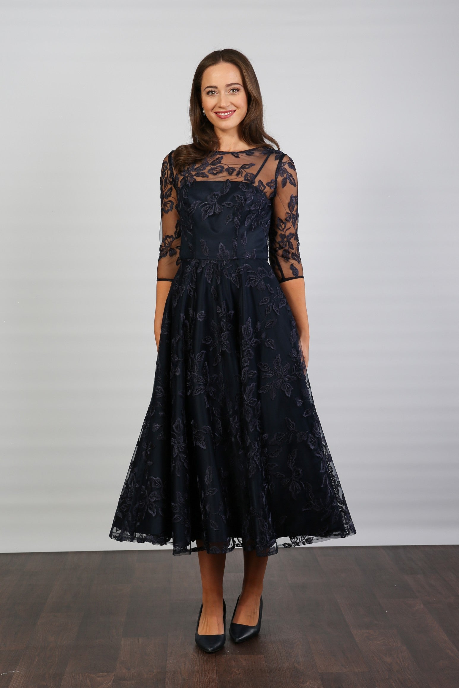 Marilyn Luxe Satin Embroidery Occasion Dress in Dark Navy