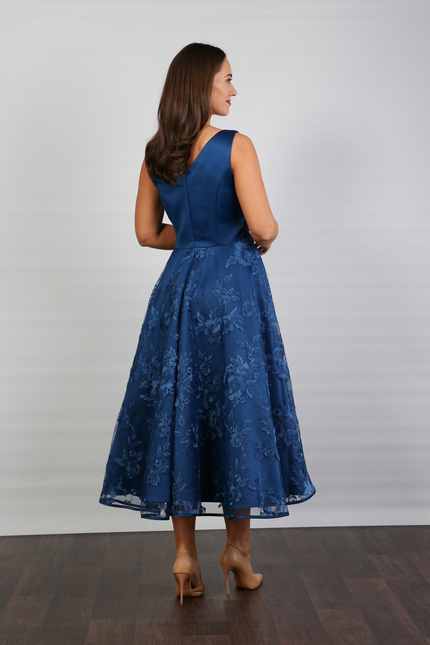 Bella Satin Embroidery Special Occasion Dress in Oxford Blue