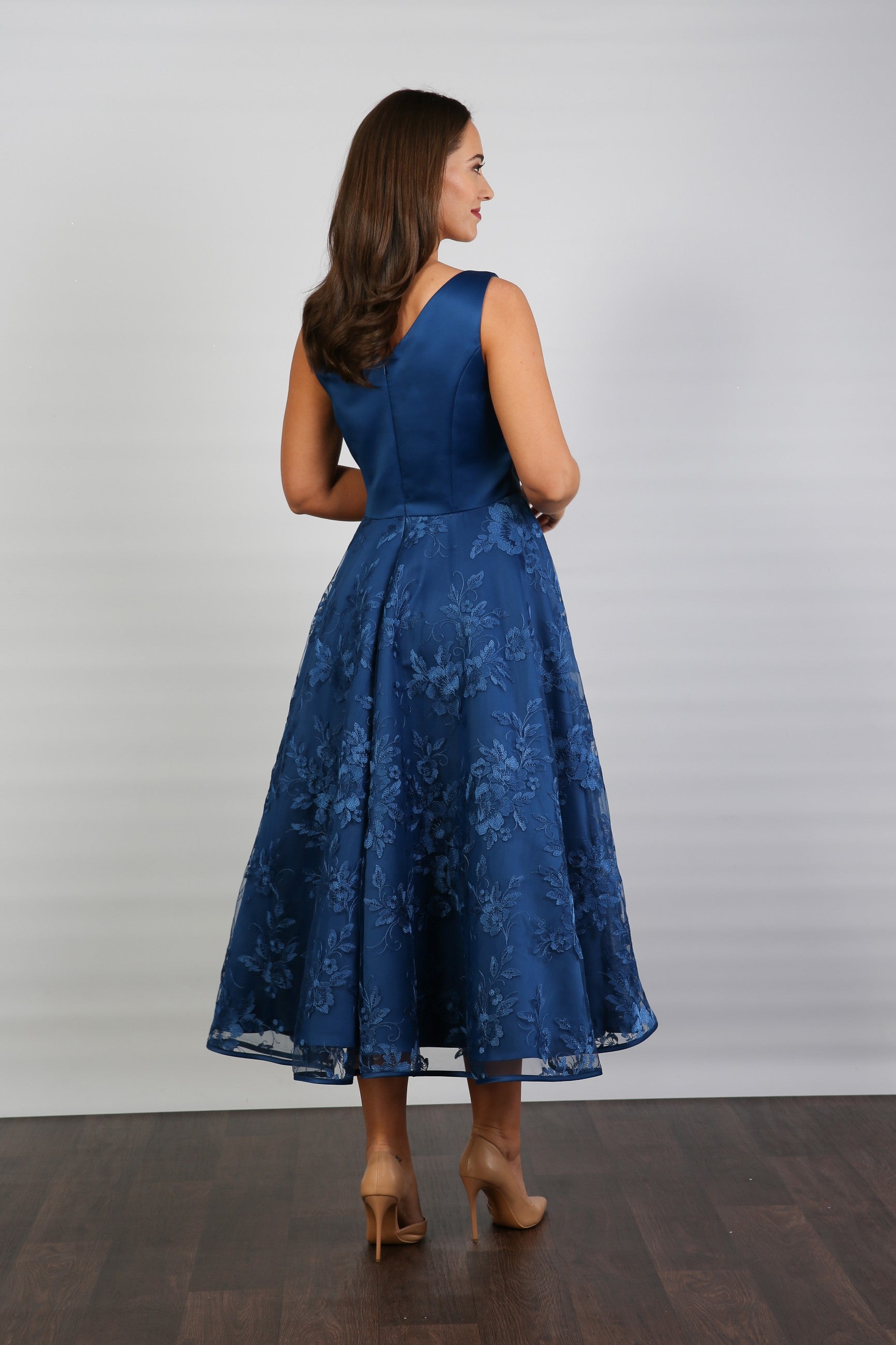 Bella Satin Embroidery Special Occasion Dress in Oxford Blue