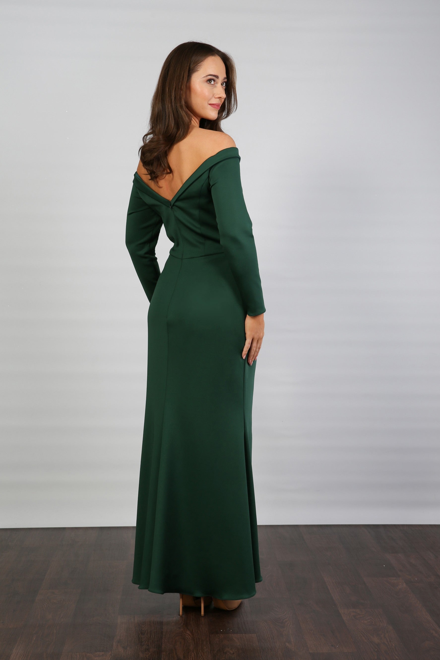 Elle Off the Shoulder Stretch Jersey Long Dress in Juniper