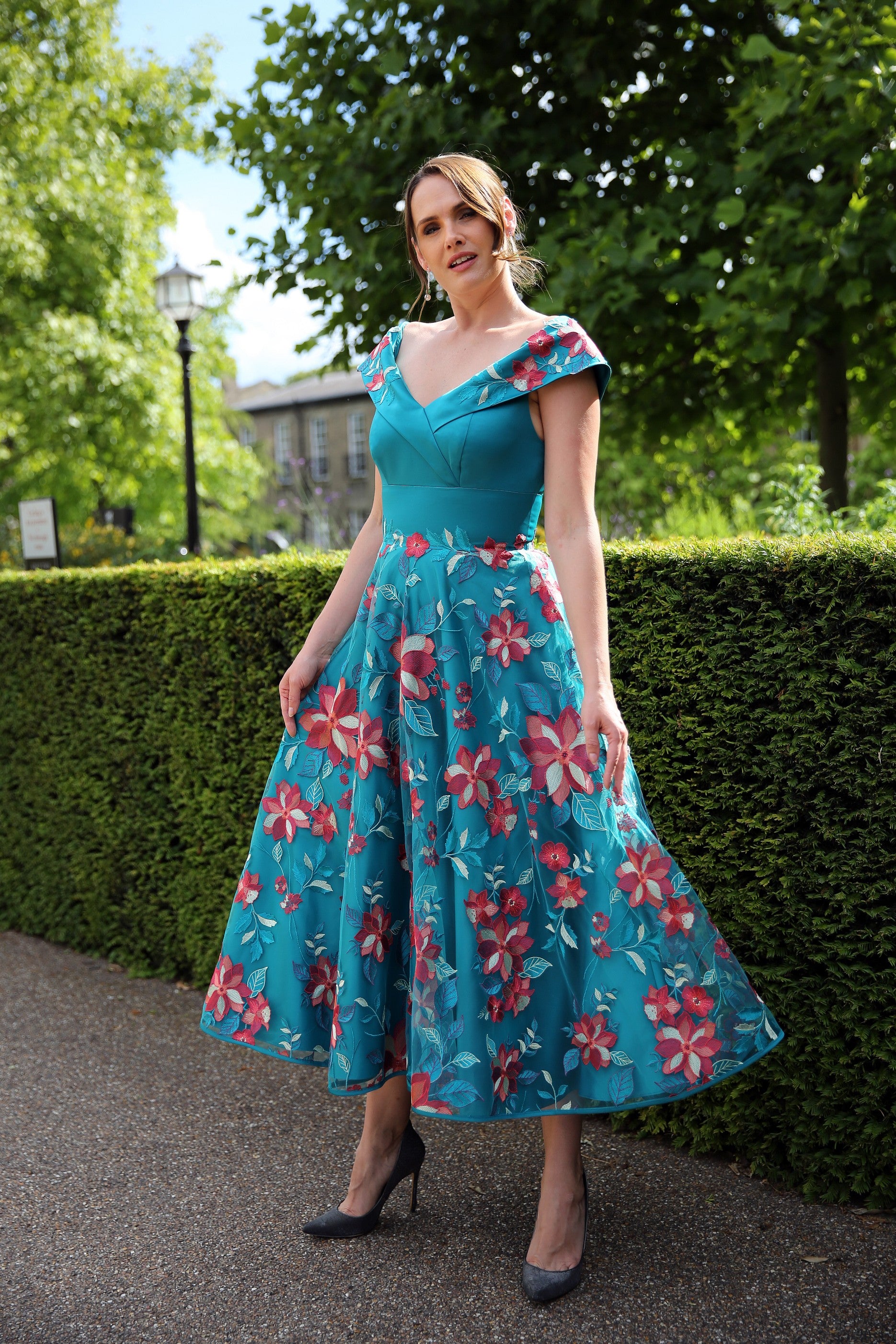 Sevilla Embroidered Satin Occasion Dress in Teal