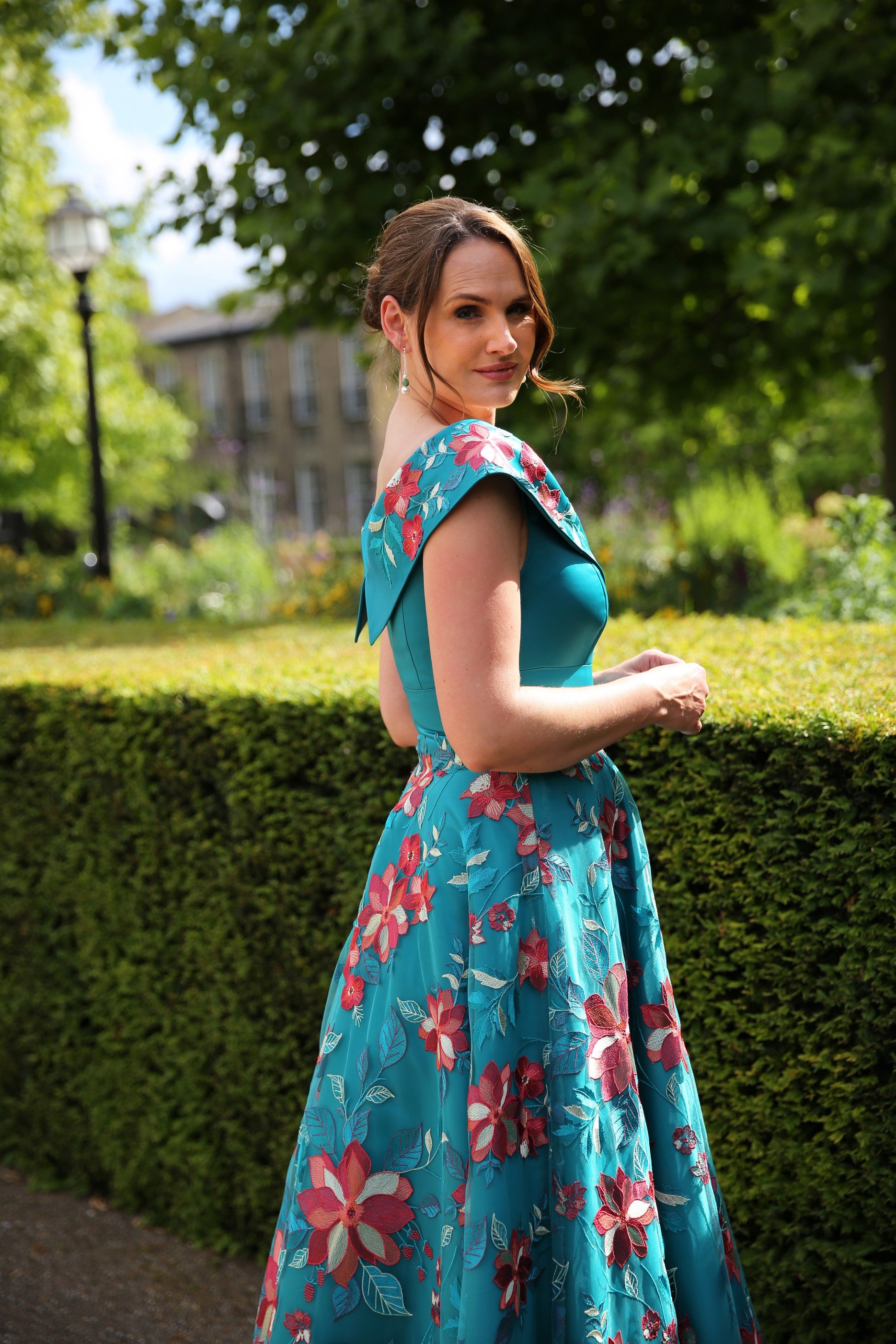 Sevilla Embroidered Satin Occasion Dress in Teal