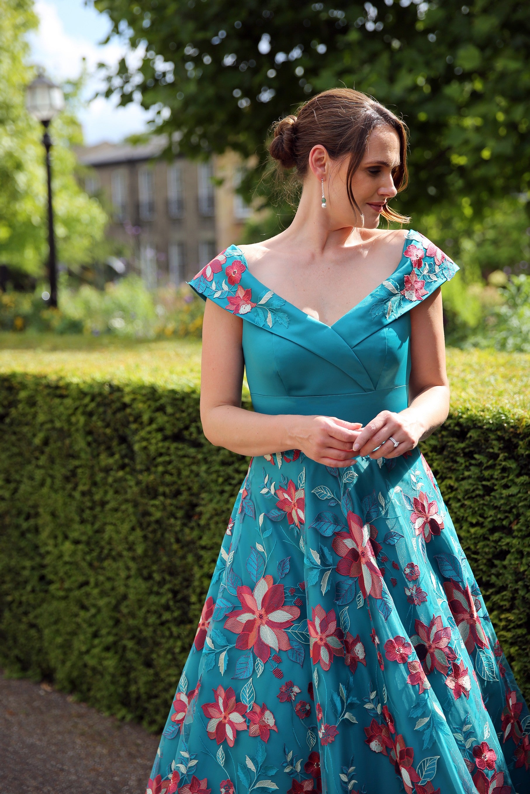 Sevilla Embroidered Satin Occasion Dress in Teal