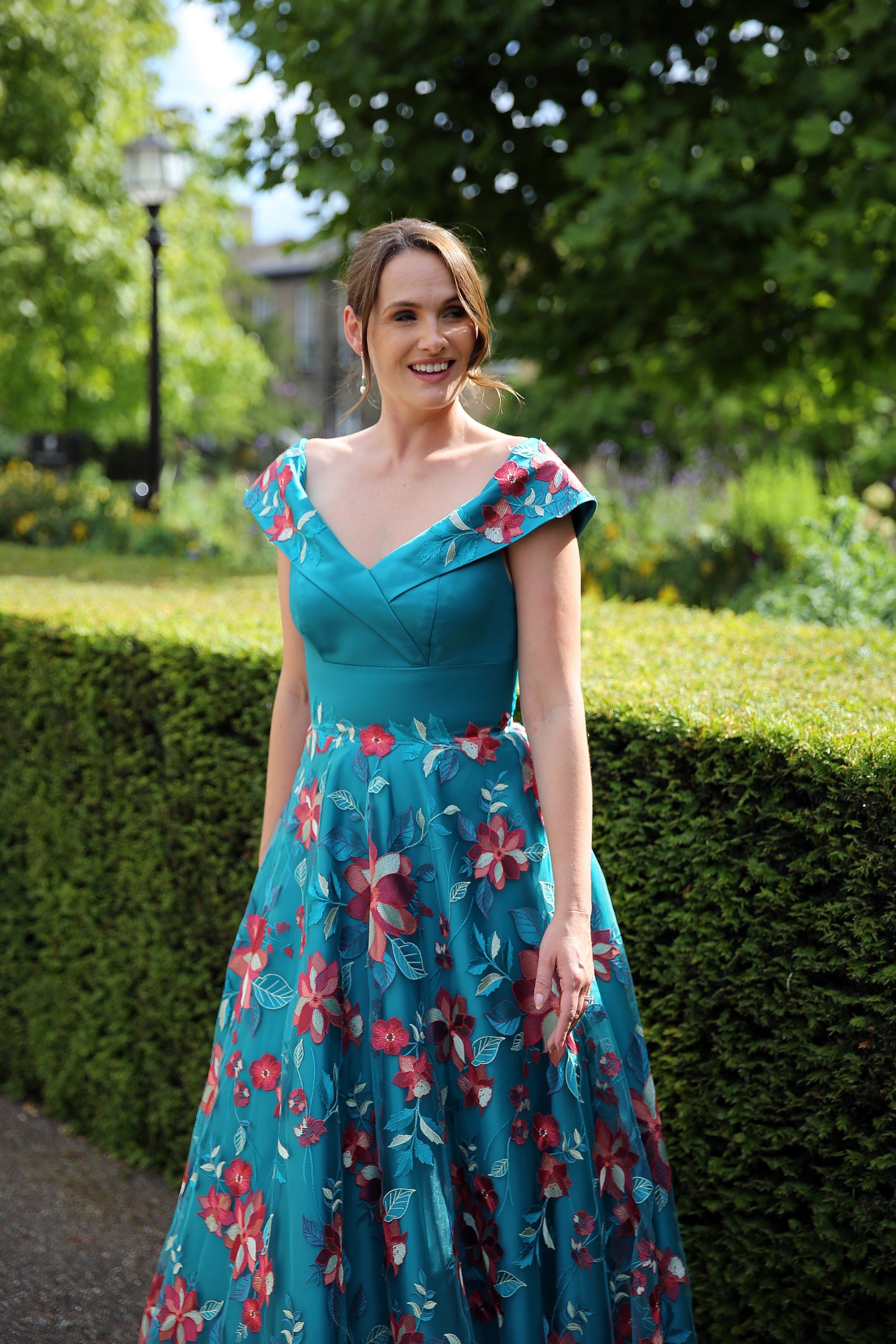 Sevilla Embroidered Satin Occasion Dress in Teal