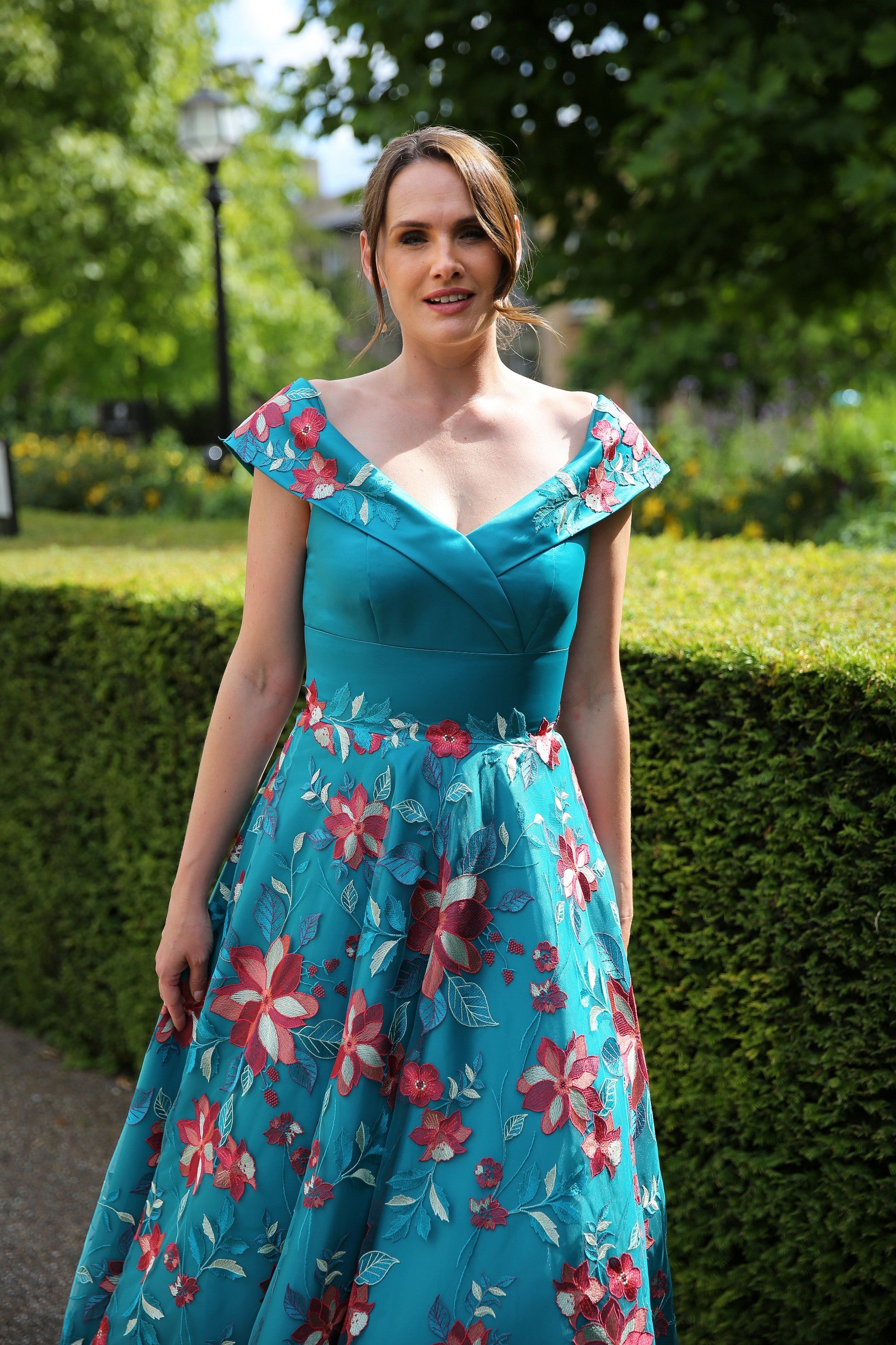 Sevilla Embroidered Satin Occasion Dress in Teal