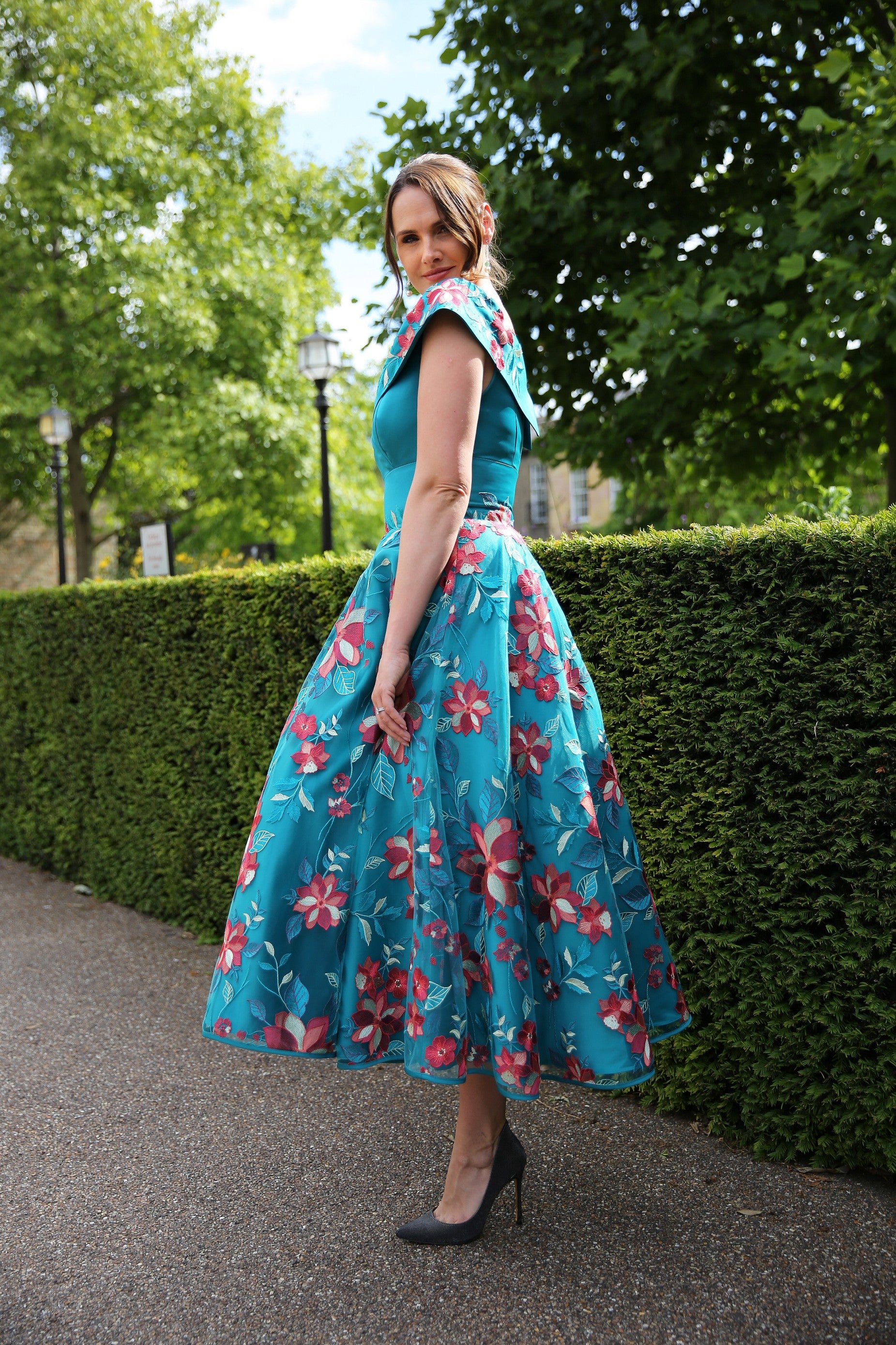 Sevilla Embroidered Satin Occasion Dress in Teal