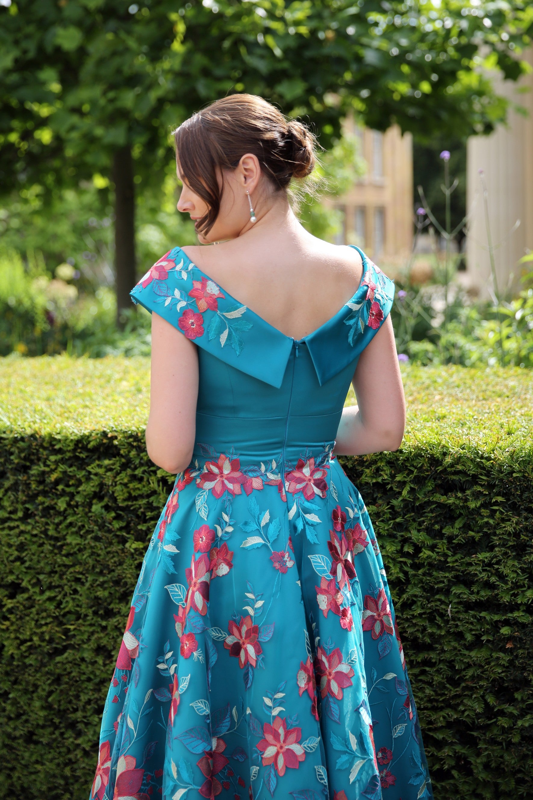 Sevilla Embroidered Satin Occasion Dress in Teal
