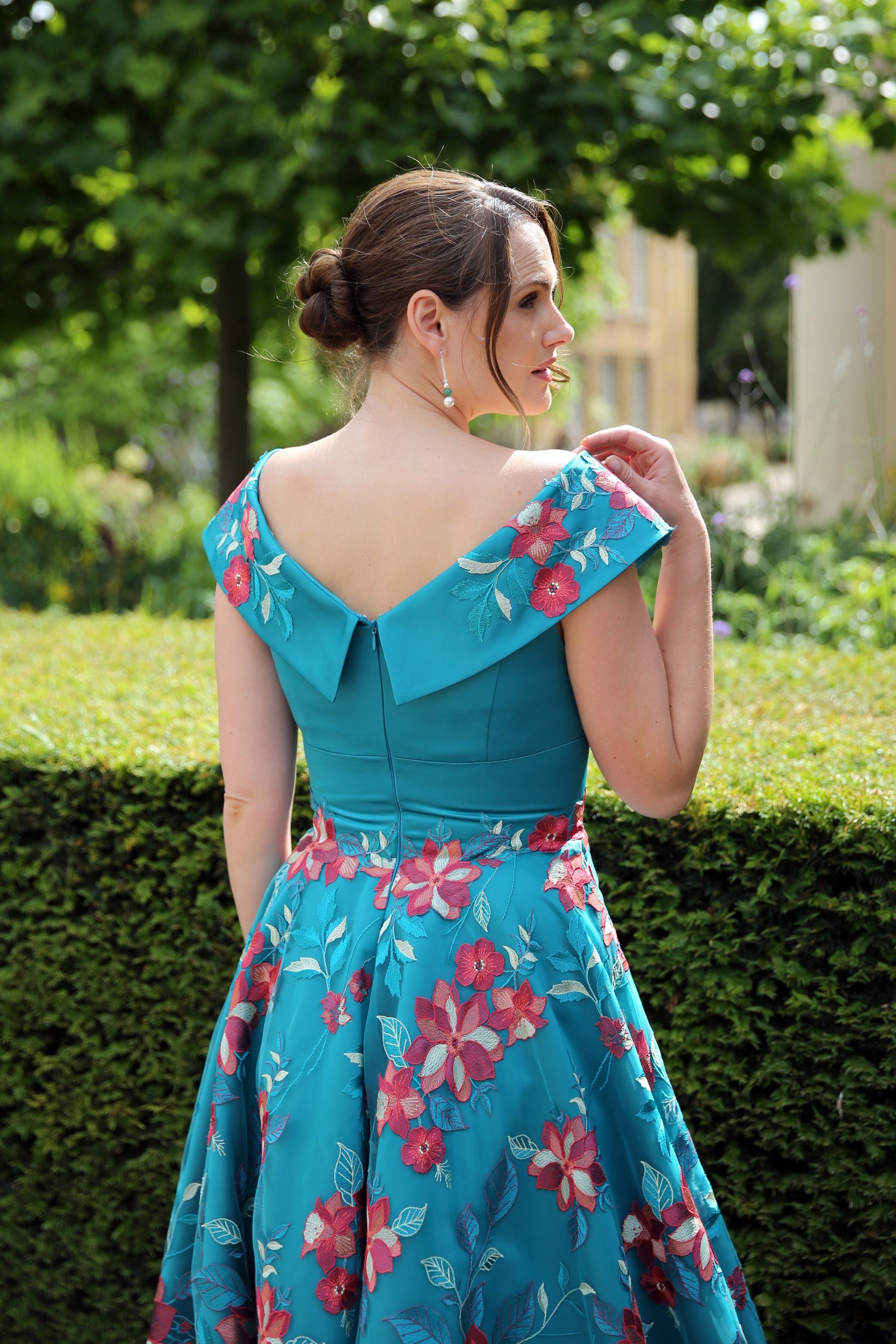 Sevilla Embroidered Satin Occasion Dress in Teal