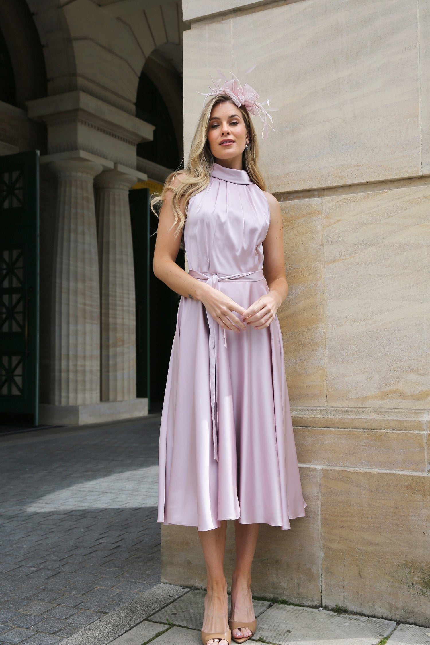 Jennie Silky Satin Occasion Dress in Blush
