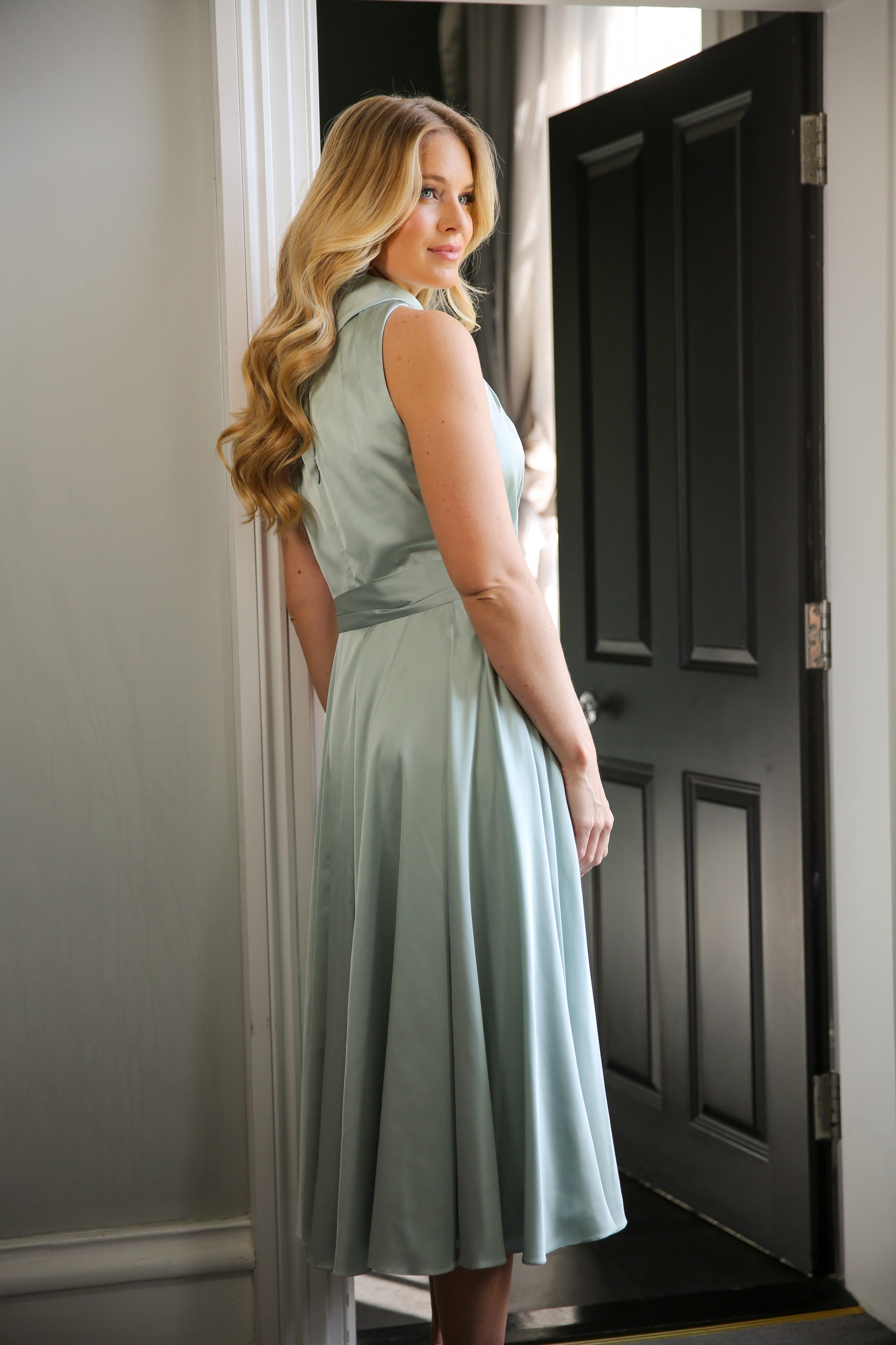 Jennie Silky Satin Occasion Dress in Seagrass