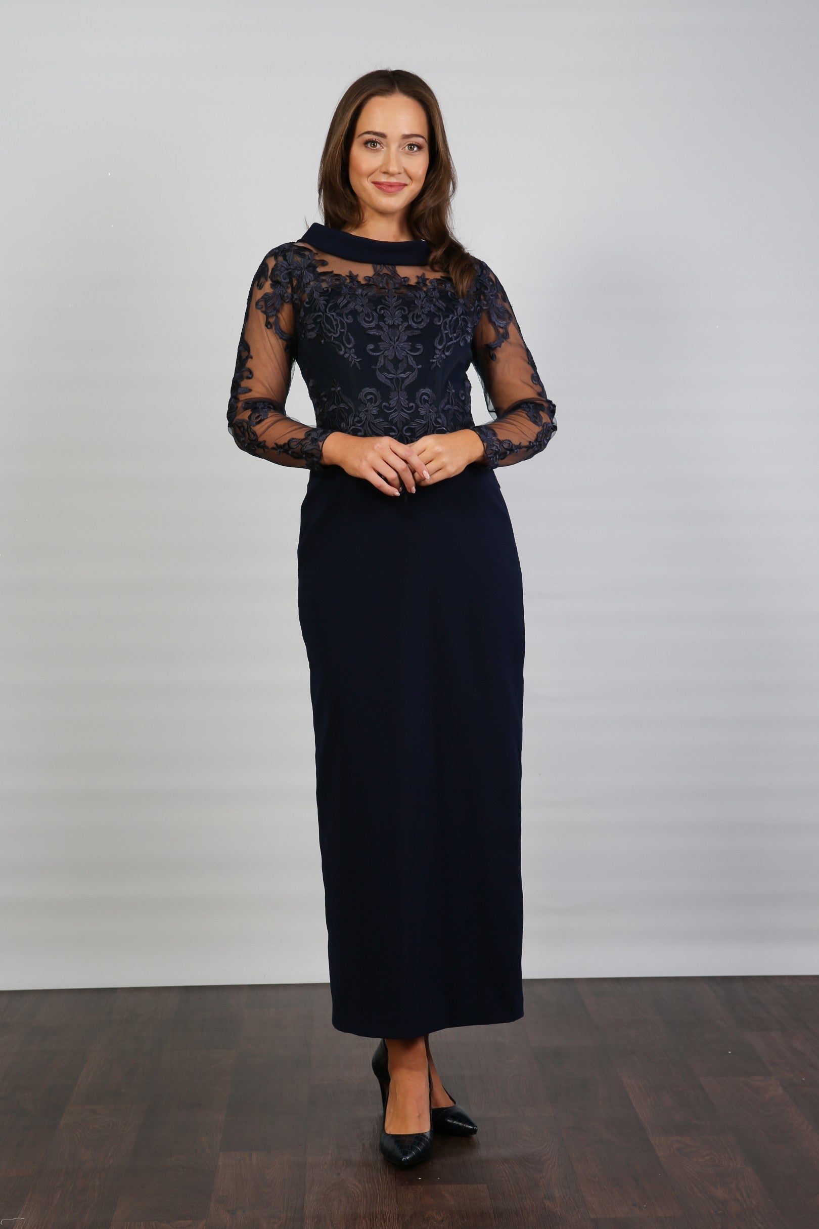 Catherine Long Sleeved Evening Dress in Midnight