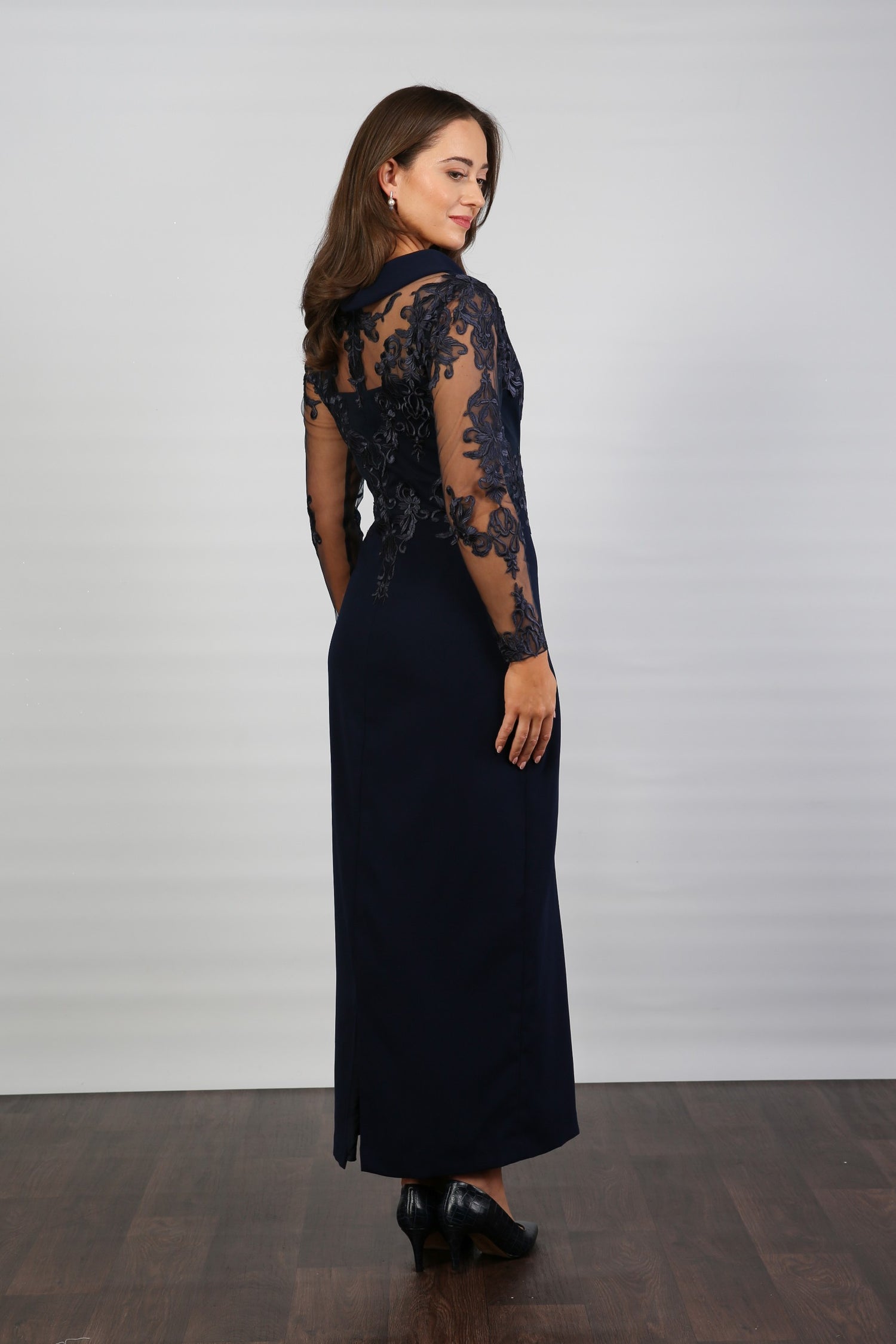 Catherine Long Sleeved Evening Dress in Midnight