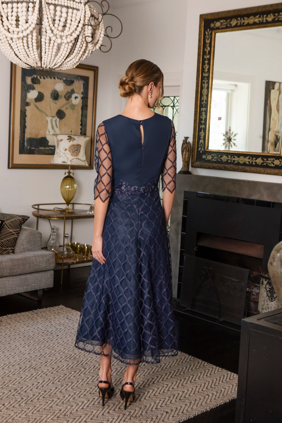 Rianne Embroidered High Neck Dress in Dark Navy