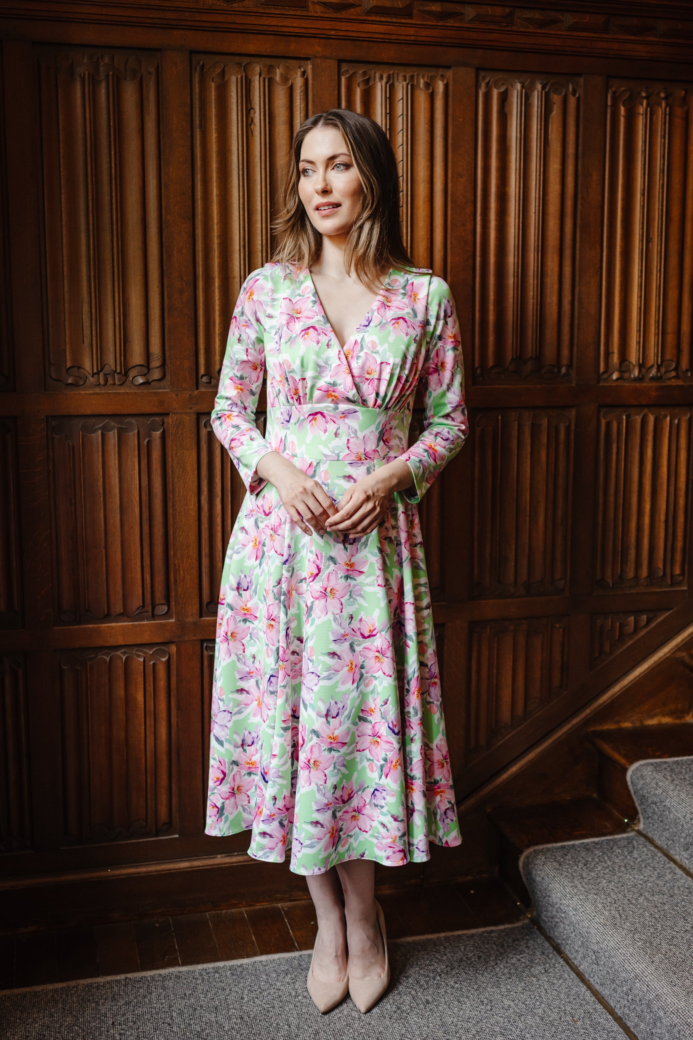 Joyce Smooth Luxe Jersey Dress with Flowing Skirt and Long Sleeves in Clematis