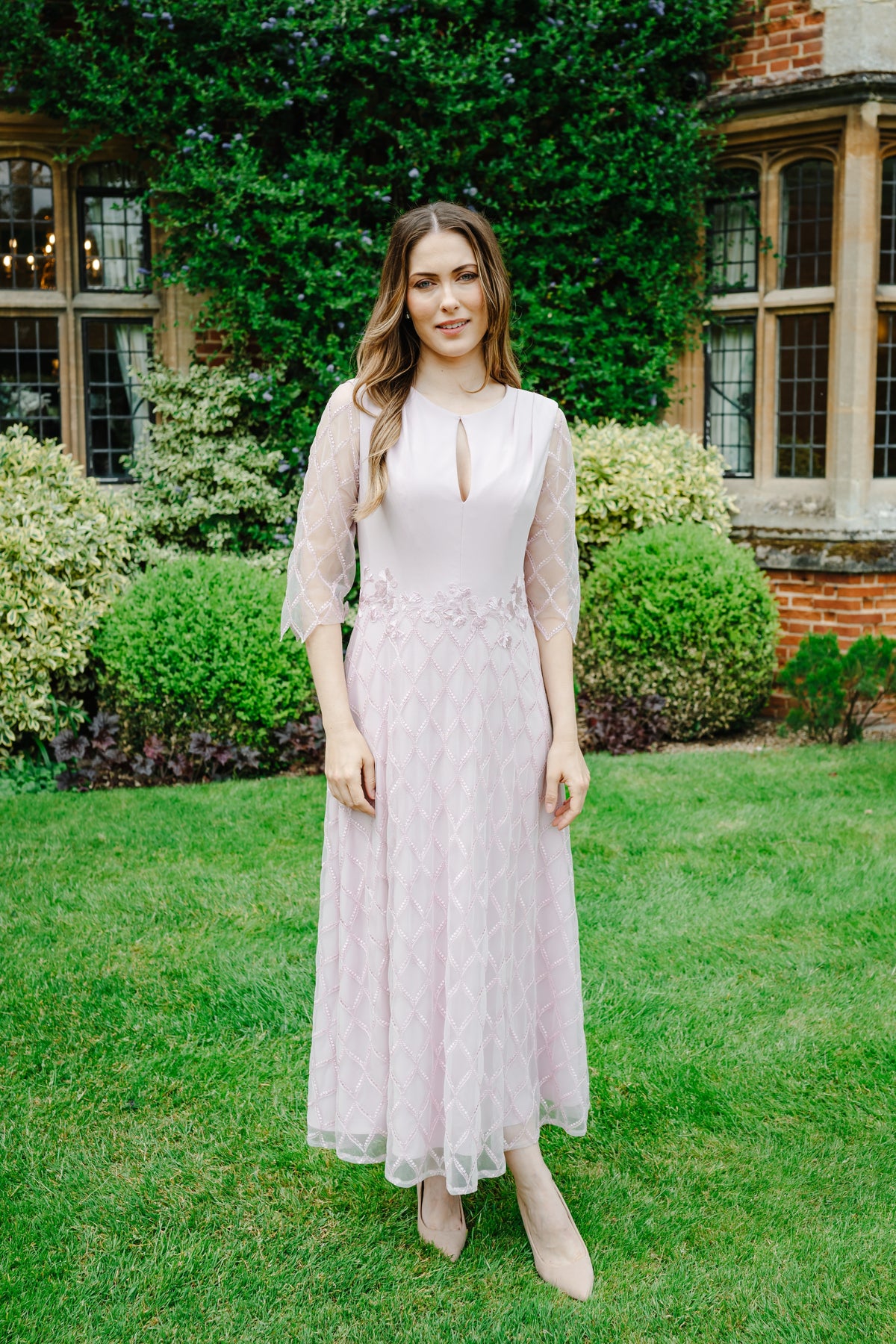 Rianne New Soft Embroidered High Neck Dress in Blush