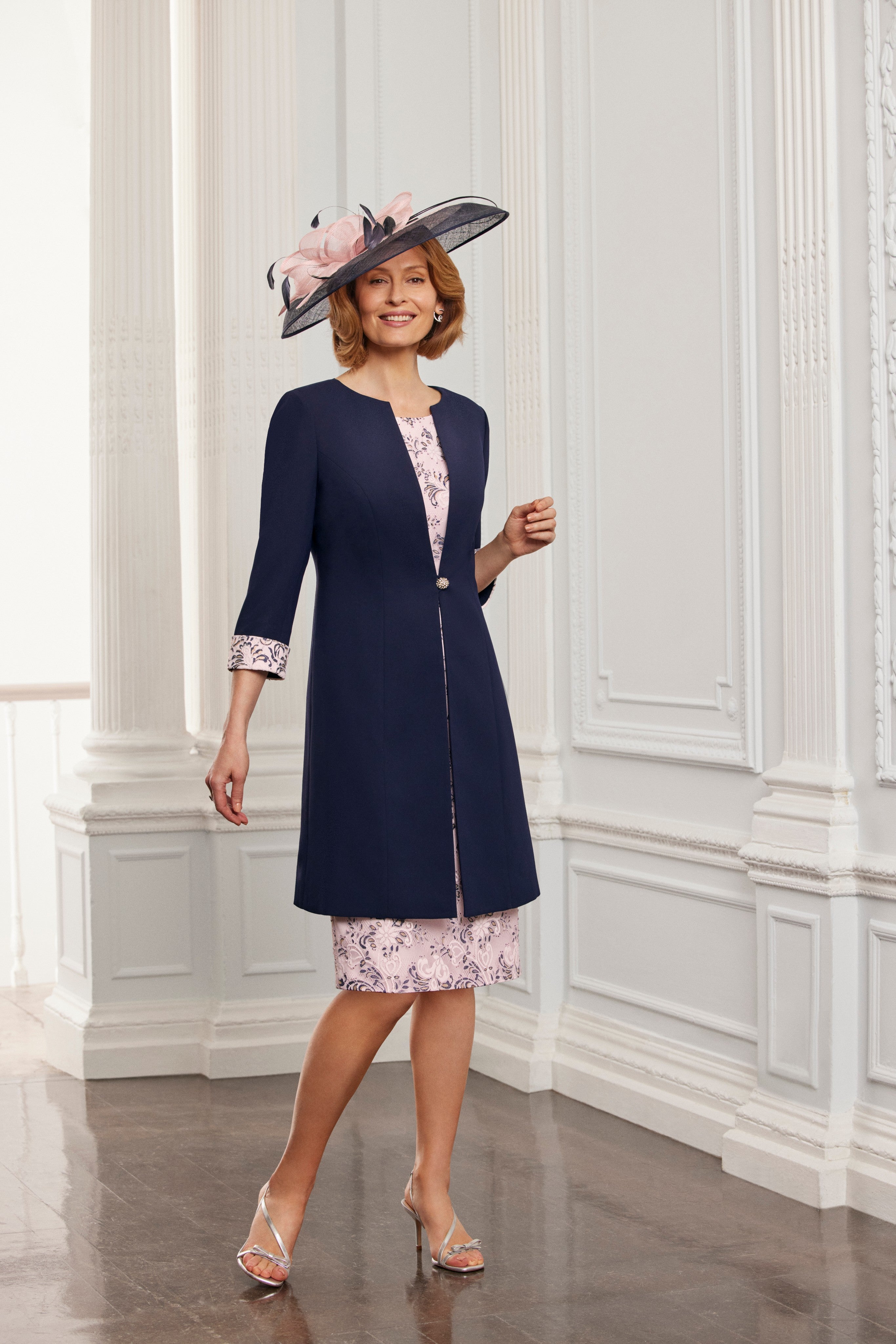 Condici Lace Special Occasion Dress in Provence Rose with Navy Coat
