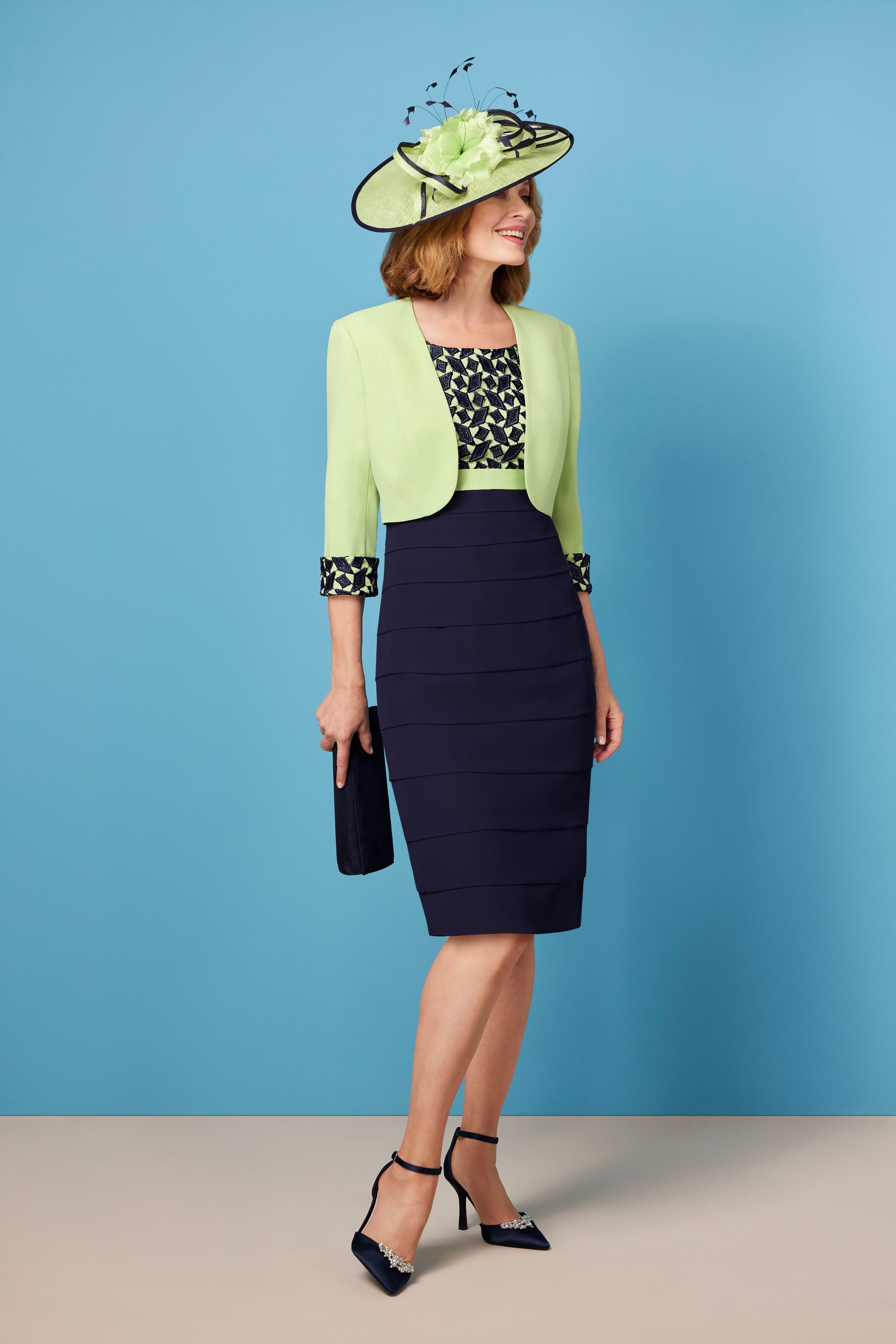 Condici Special Occasion Dress with Jacket in Navy and Apple Fizz