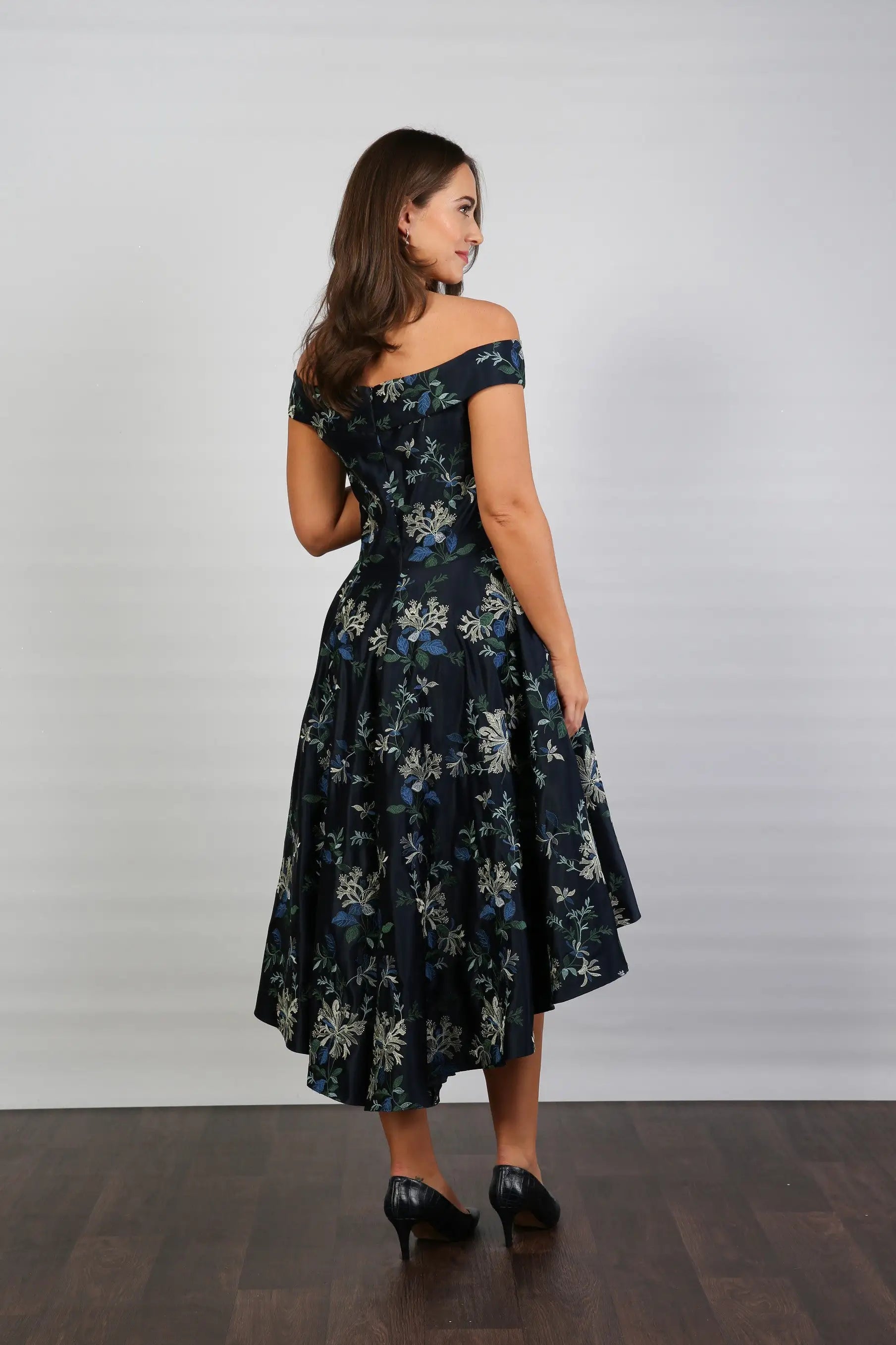 Bombshell Blair Bardot Embroidered High-Low Dress in Navy Blue & Honeysuckle