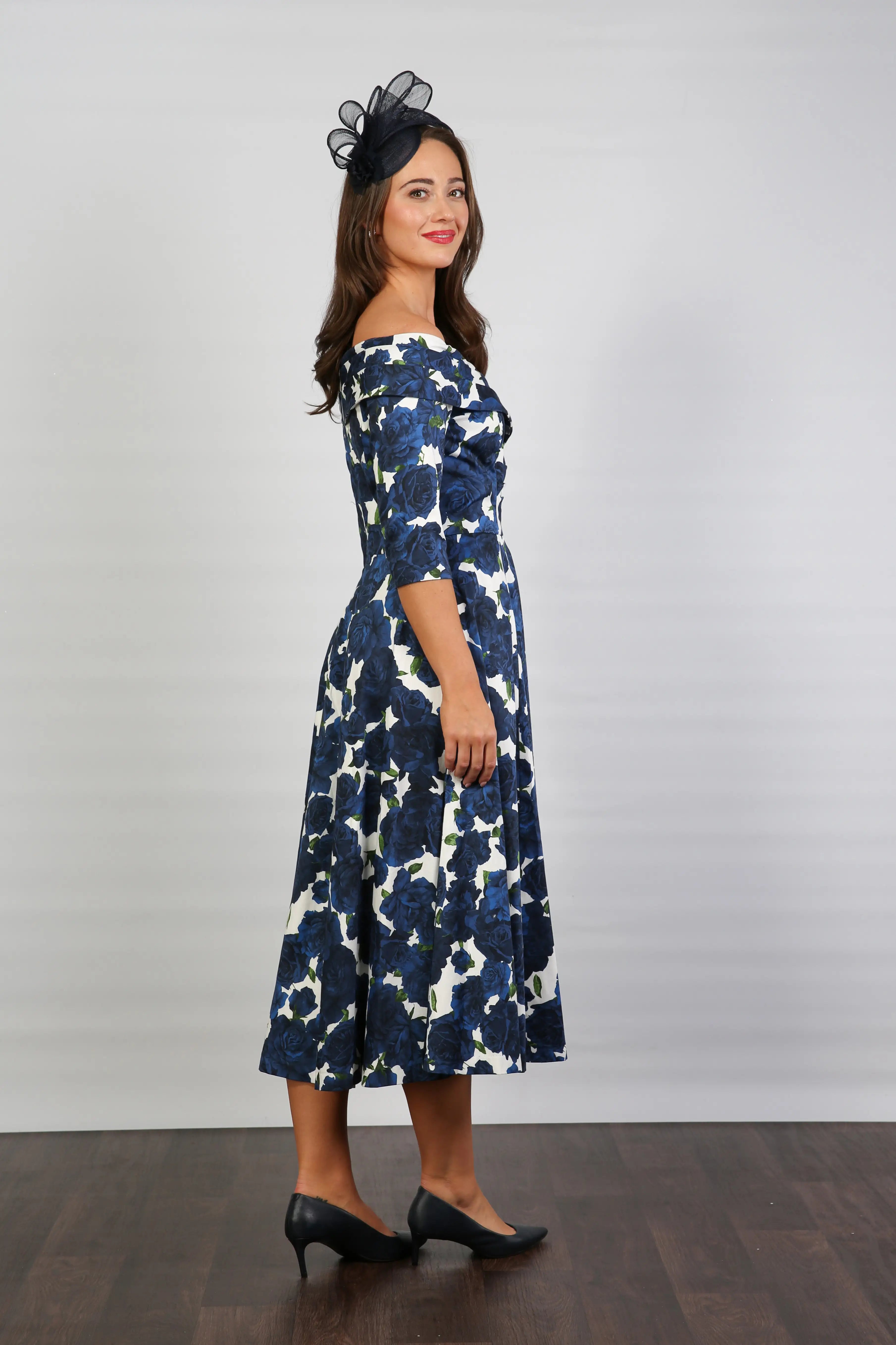 Bombshell Georgia Edge of the Shoulder A-line Dress in Navy Blue Roses