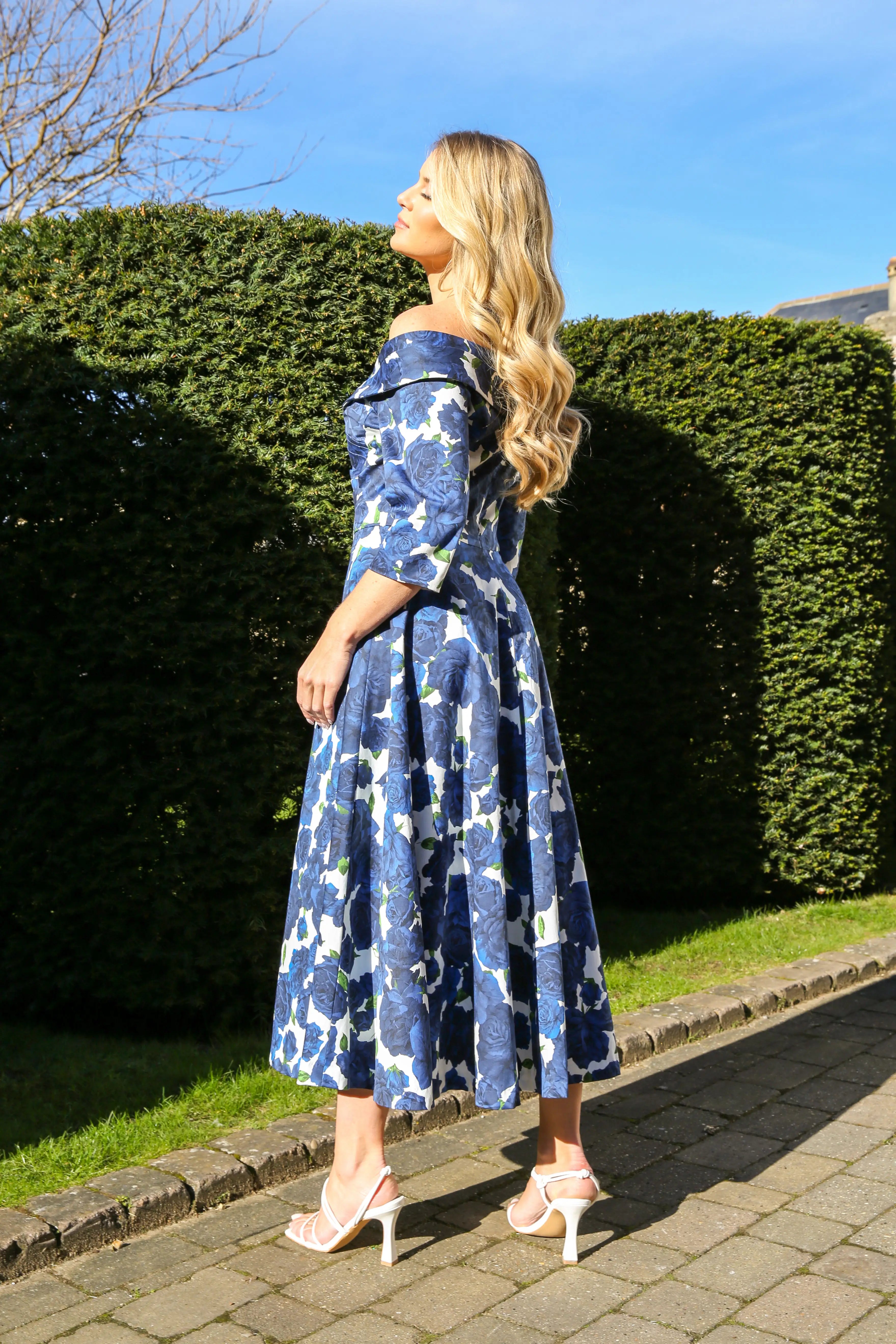 Bombshell Georgia Edge of the Shoulder A-line Dress in Navy Blue Roses