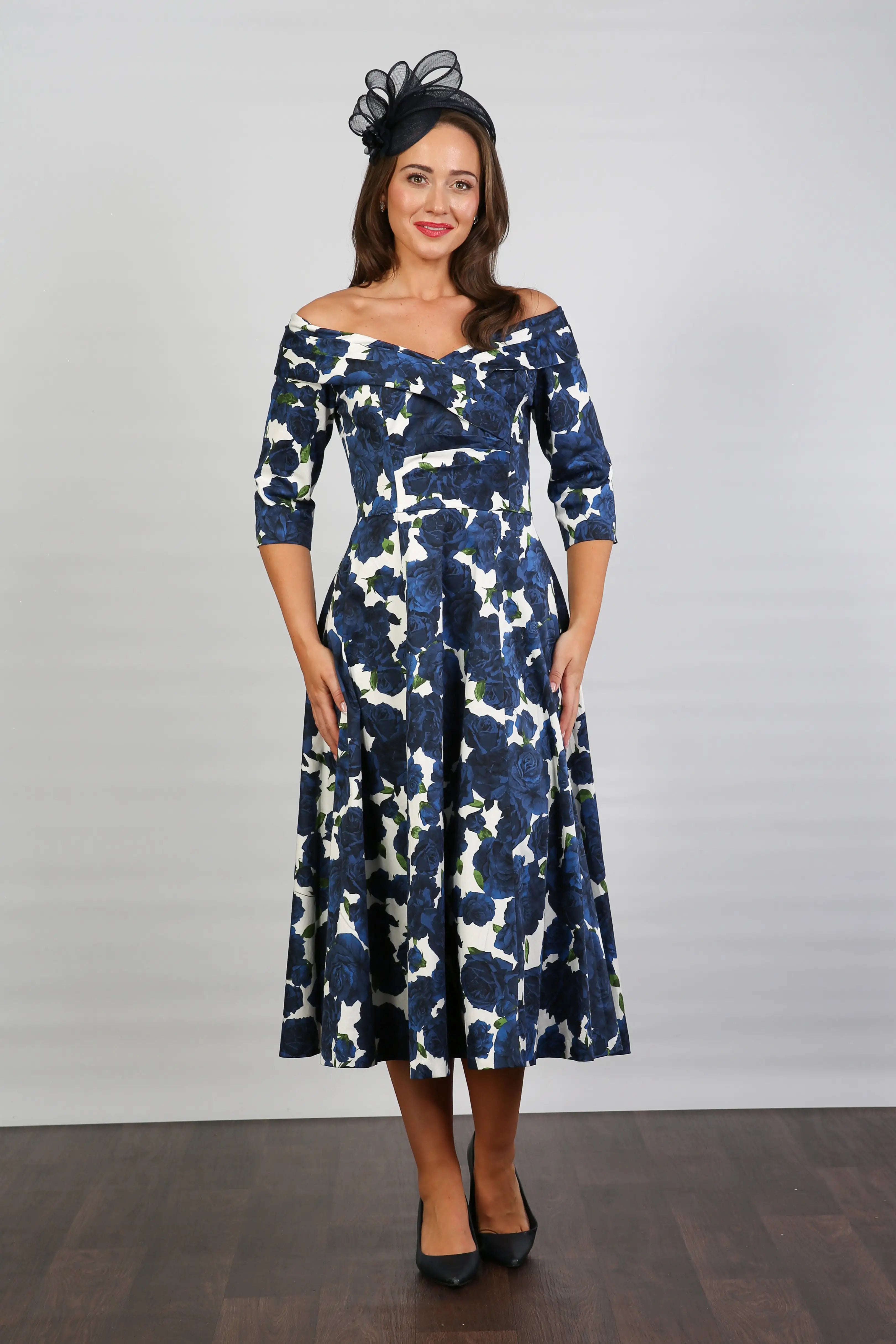 Bombshell Georgia Edge of the Shoulder A-line Dress in Navy Roses