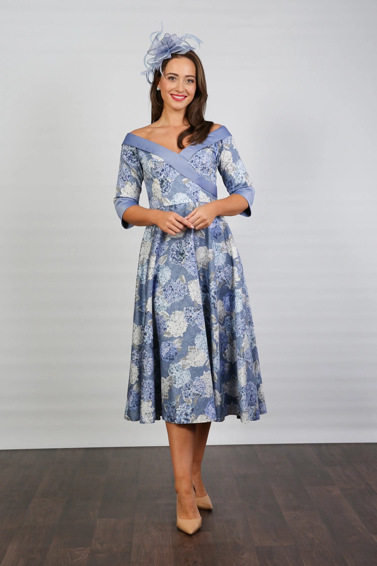 Bombshell Hamilton Bardot Sleeve Dress in Hydrangea Blue