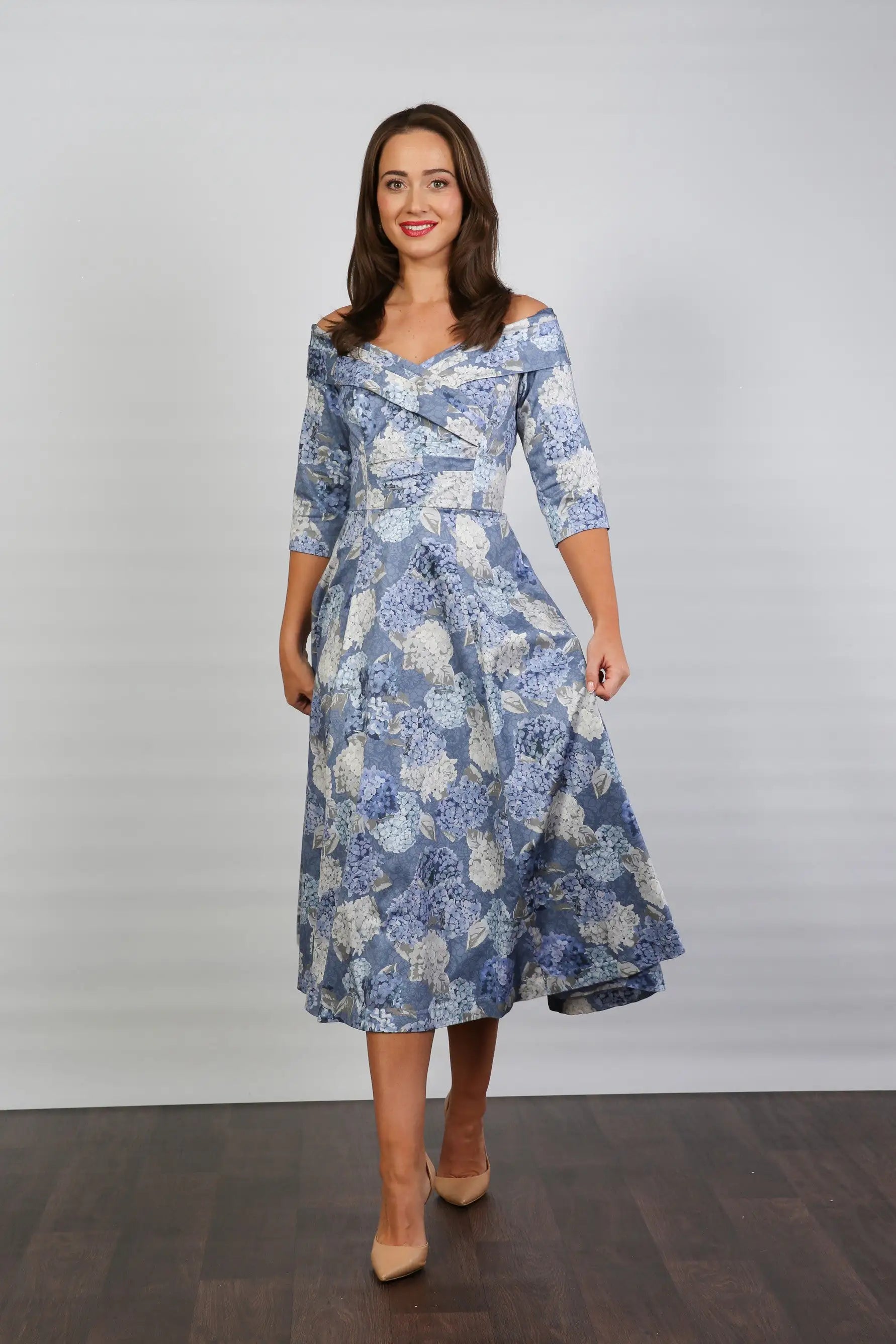 Bombshell Libby Bardot A-line Dress in Hydrangea Blue