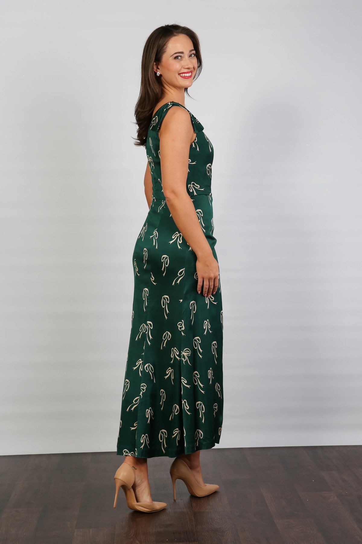 Bombshell Louise One Shoulder Party Dress in Dark Green Bows