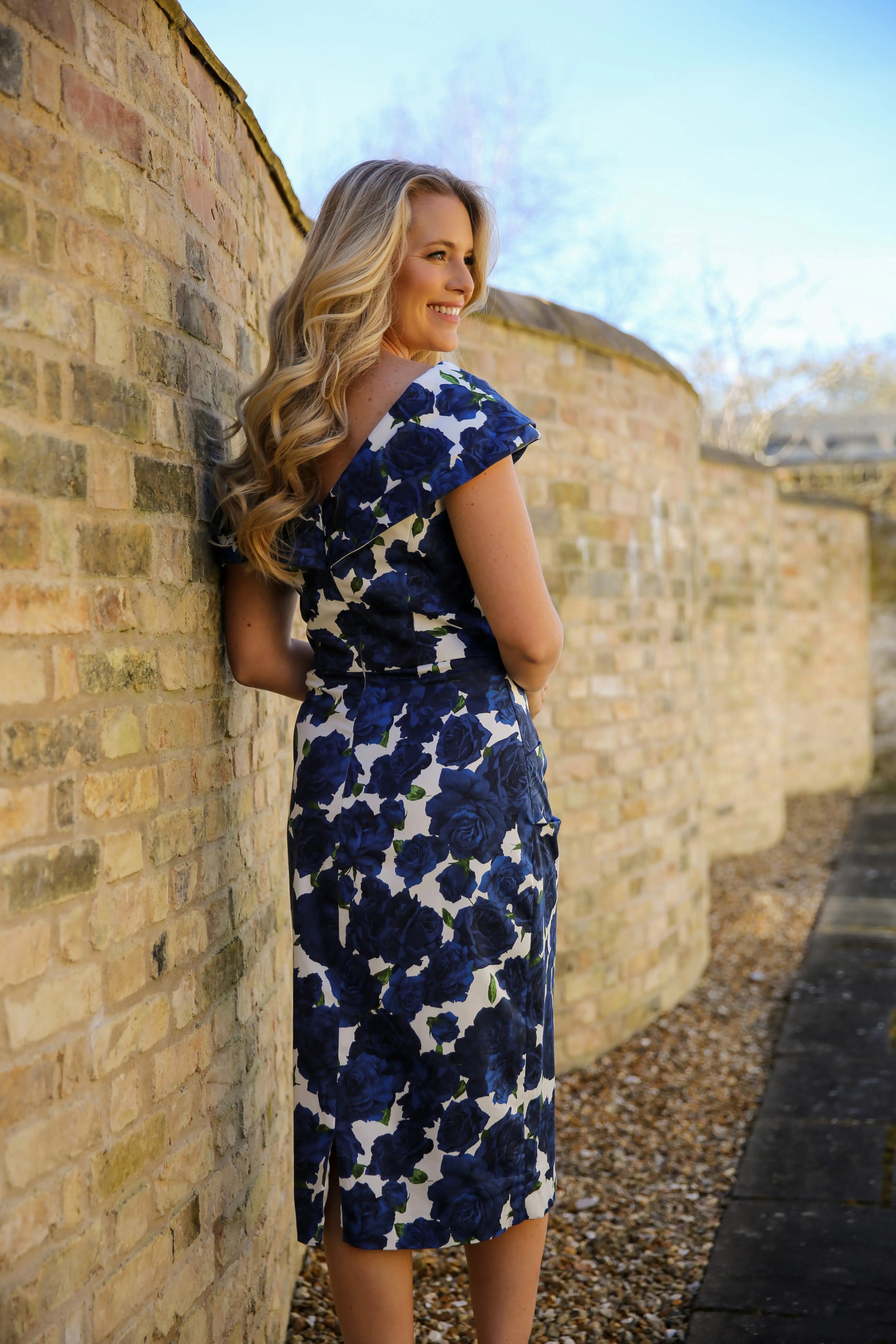 Bombshell Rhodes "Look at Me" Bardot Dress in Navy Blue Roses