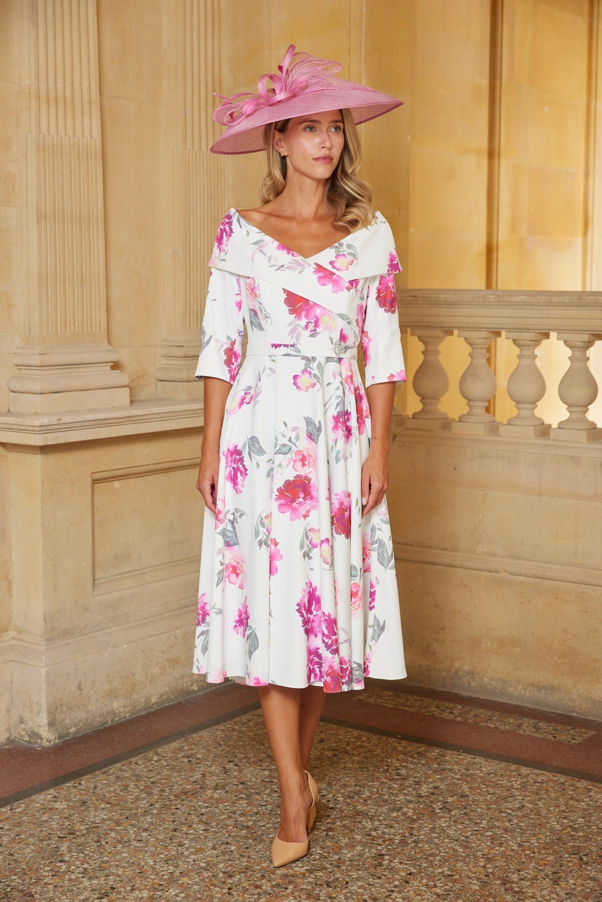Condici Bardot Style Dress with Sleeves in Bohemian Rose Pink