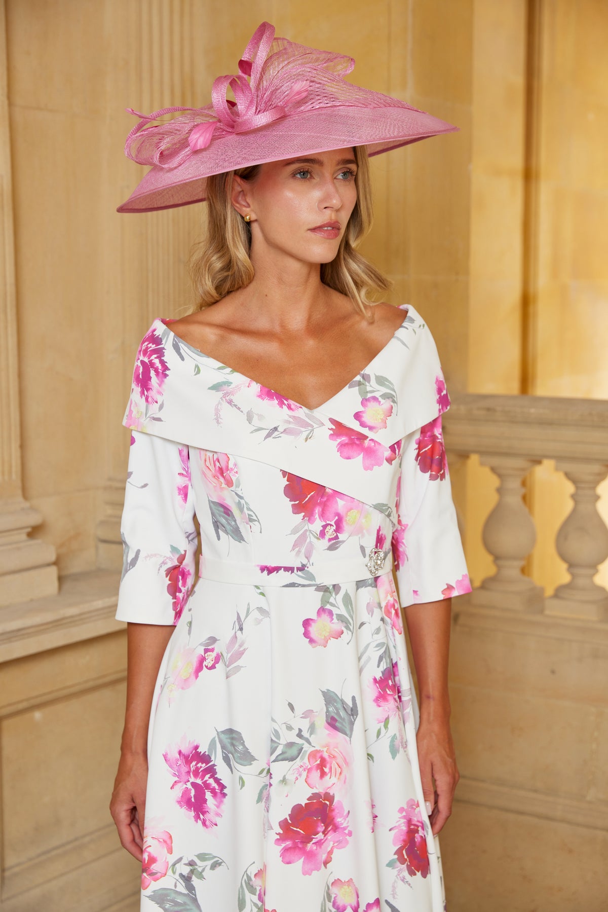Condici Bardot Style Dress with Sleeves in Bohemian Rose Pink