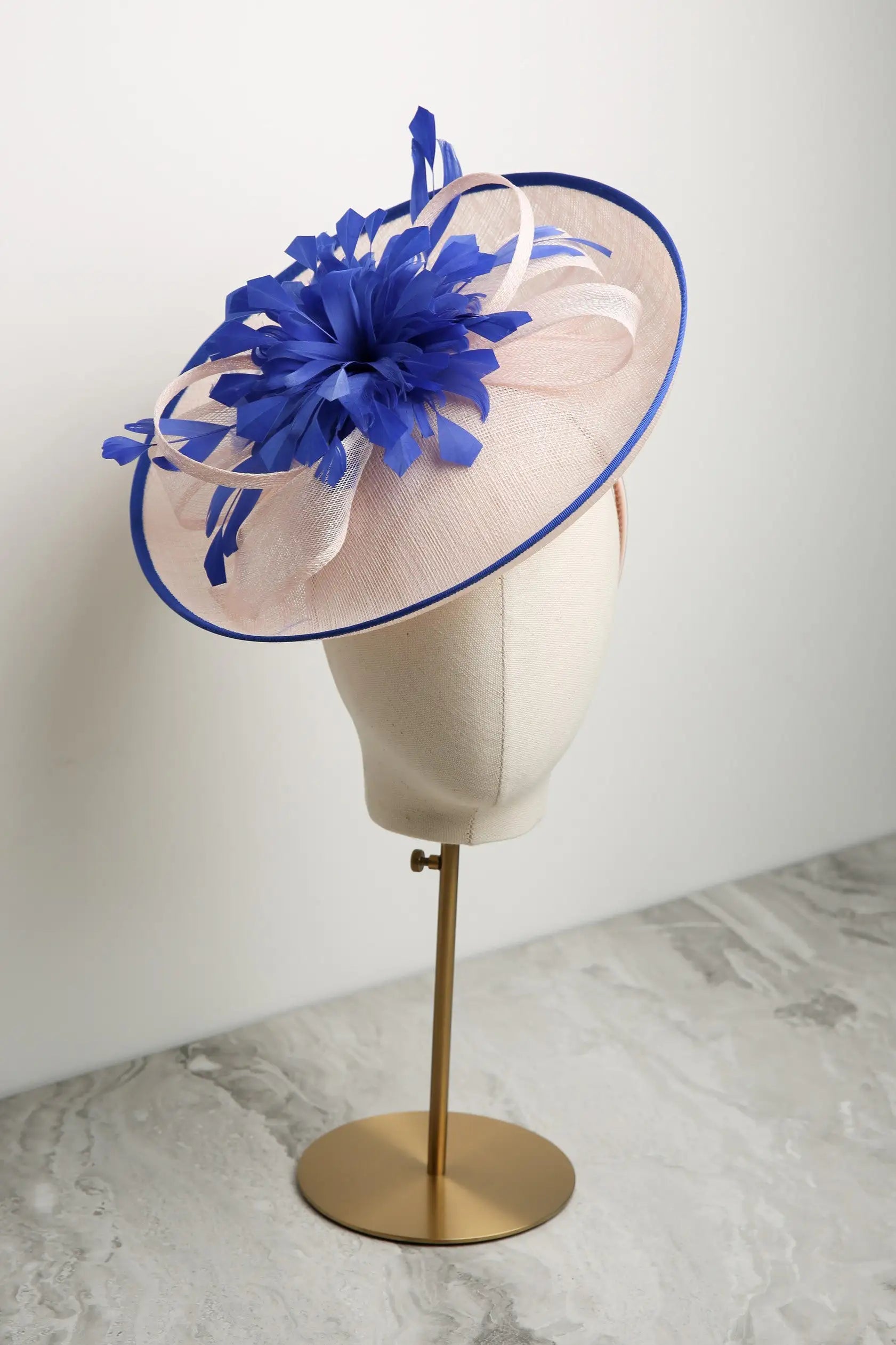 Condici Up-swept Disc Fascinator in Rosewater with Royal Blue