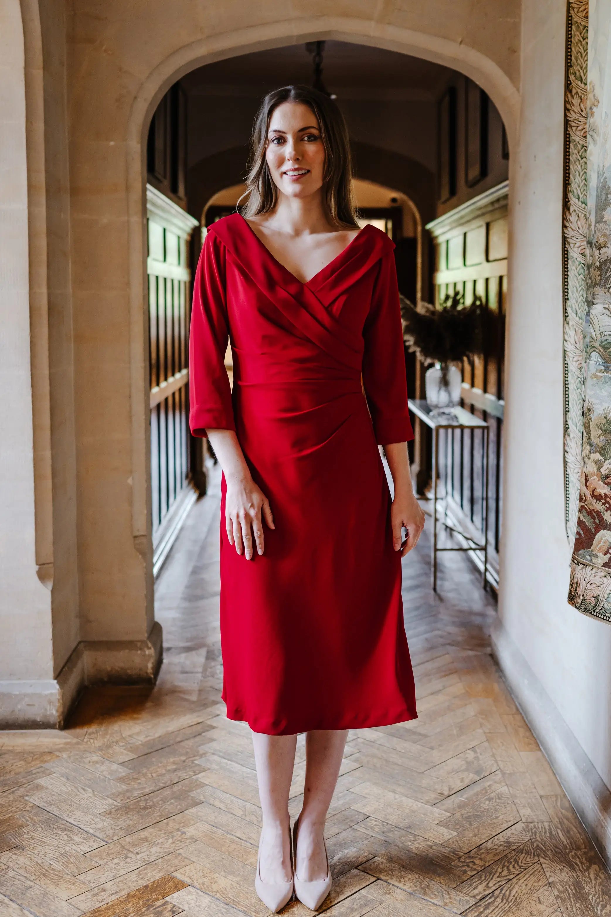 Calista Edge of the Shoulder Dress with Sleeves in Cherry