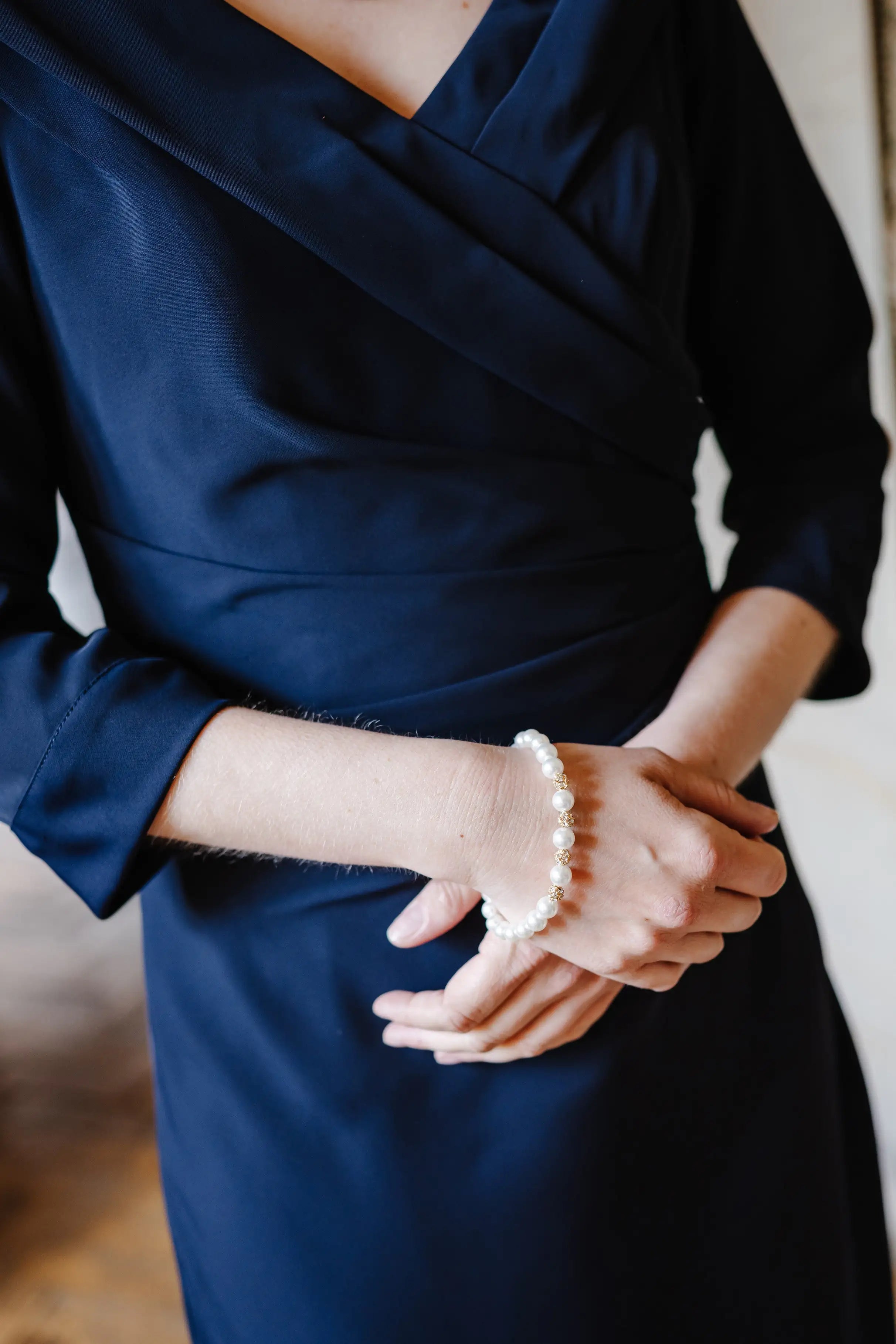 Calista Edge of the Shoulder Dress with Sleeves in Dark Navy Blue