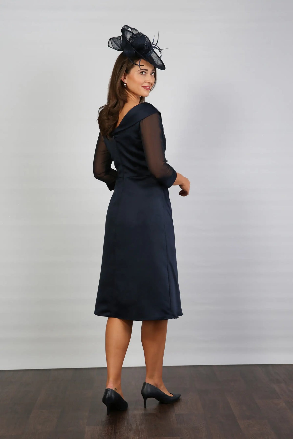 Crystal Pleated Satin Special Occasion Dress in Dark Navy Blue