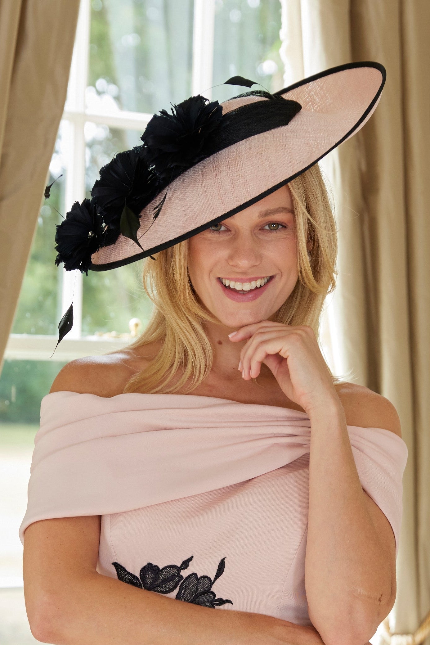 Picture Perfect Fascinator with Cascade of Coque Feathers Misty Rose and Black
