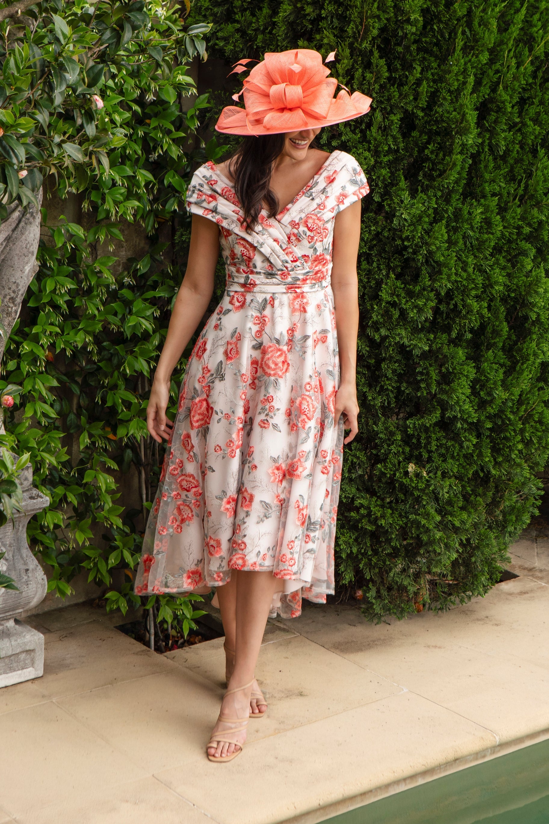 Ispirato Hibiscus Embroidered Dress with Pleated Body in Sunset