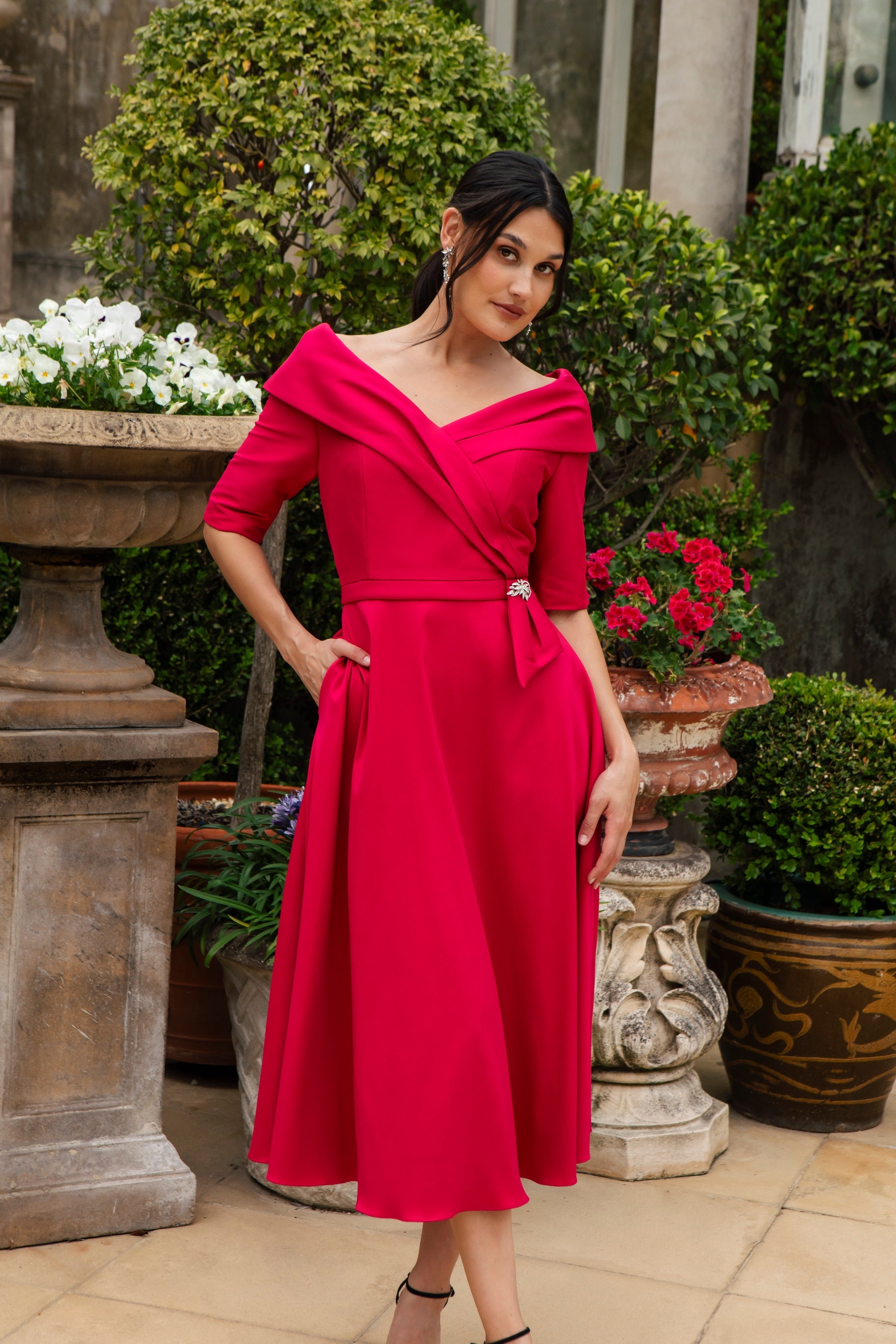 Ispirato Edge of the Shoulder Special Occasion Dress in Crimson