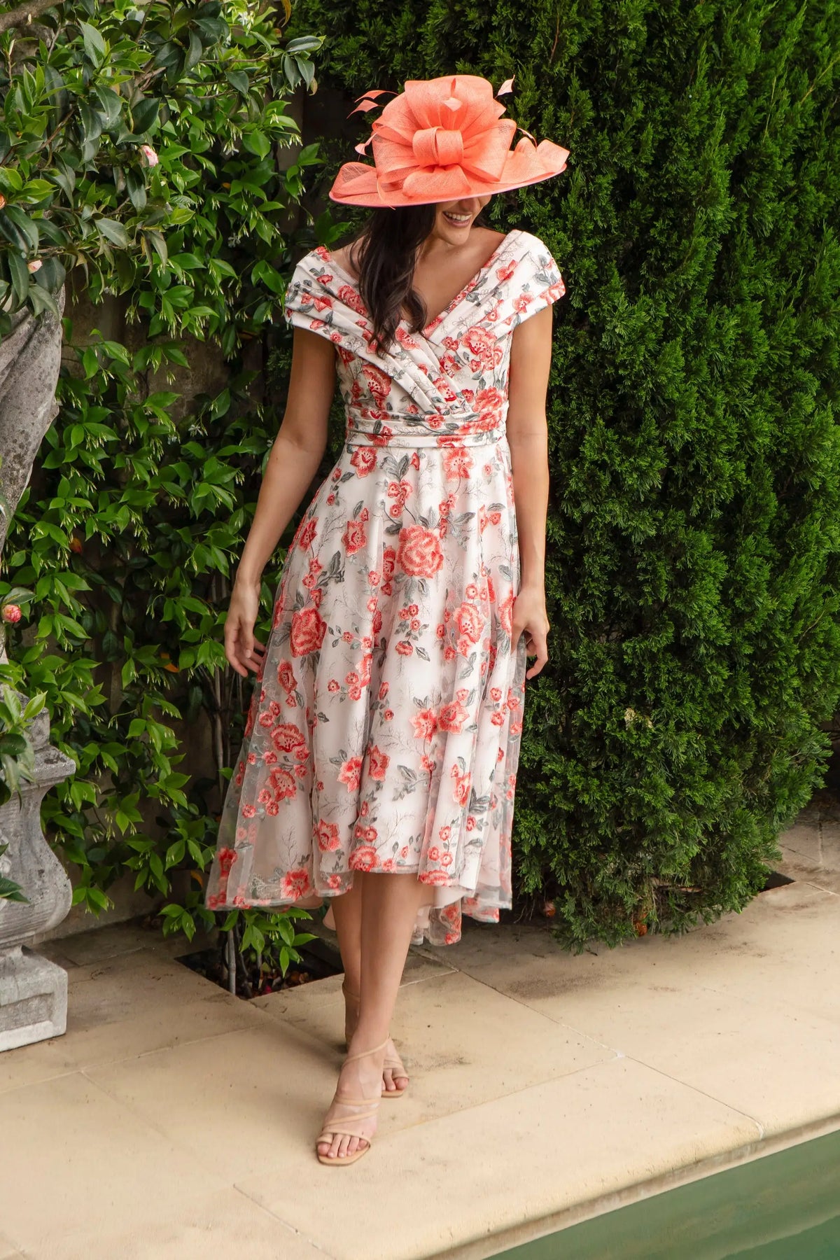 Ispirato Hibiscus Embroidered Dress with Pleated Body in Sunset