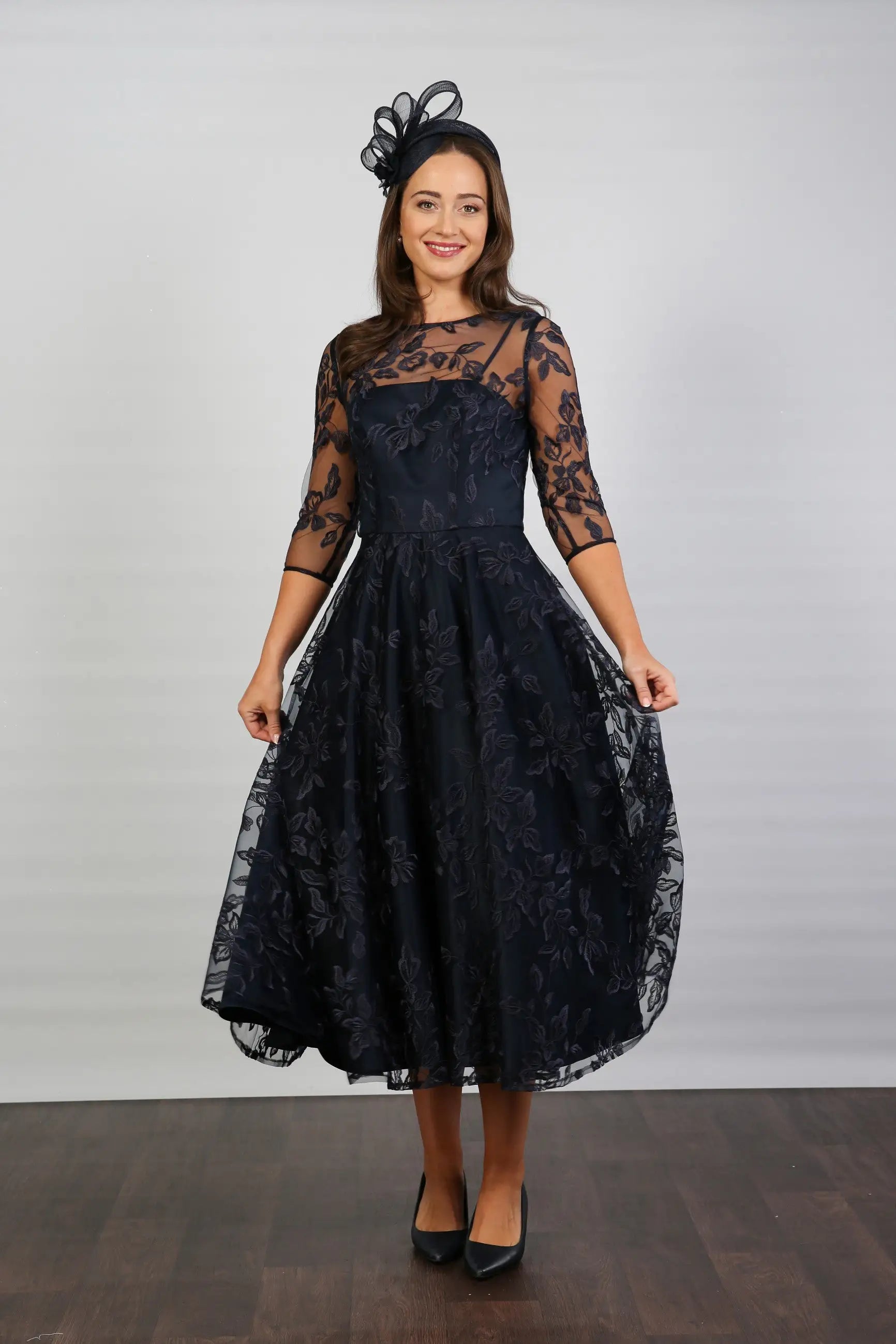 Marilyn Luxe Satin Embroidery Occasion Dress in Dark Navy Blue