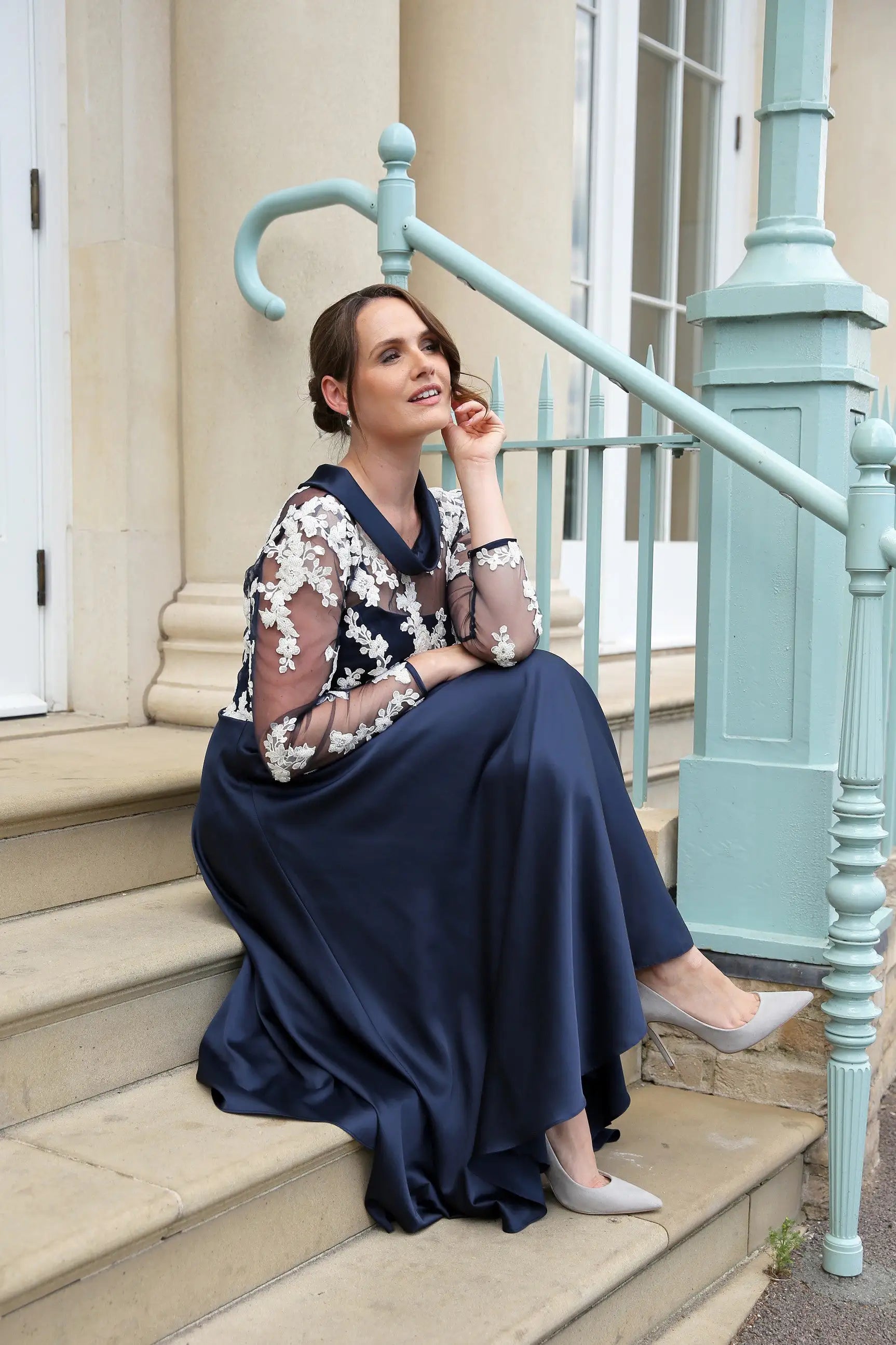 Miranda Shimmering Satin Occasion Wear Dress in Navy Blue