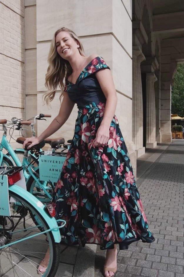 Sevilla Embroidered Satin Occasion Dress in Dark Navy