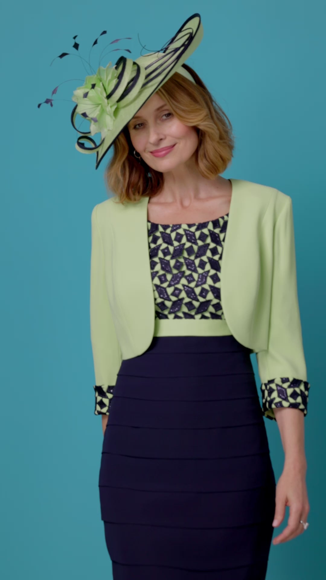 Condici Special Occasion Dress with Jacket in Navy and Apple Fizz