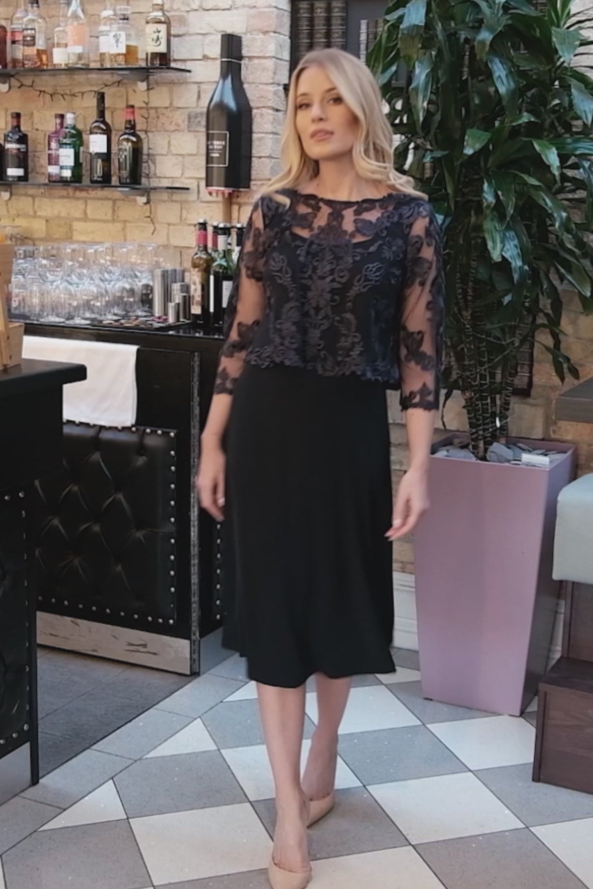 Irina Silky Twill Embroidered Dress in Dark Navy