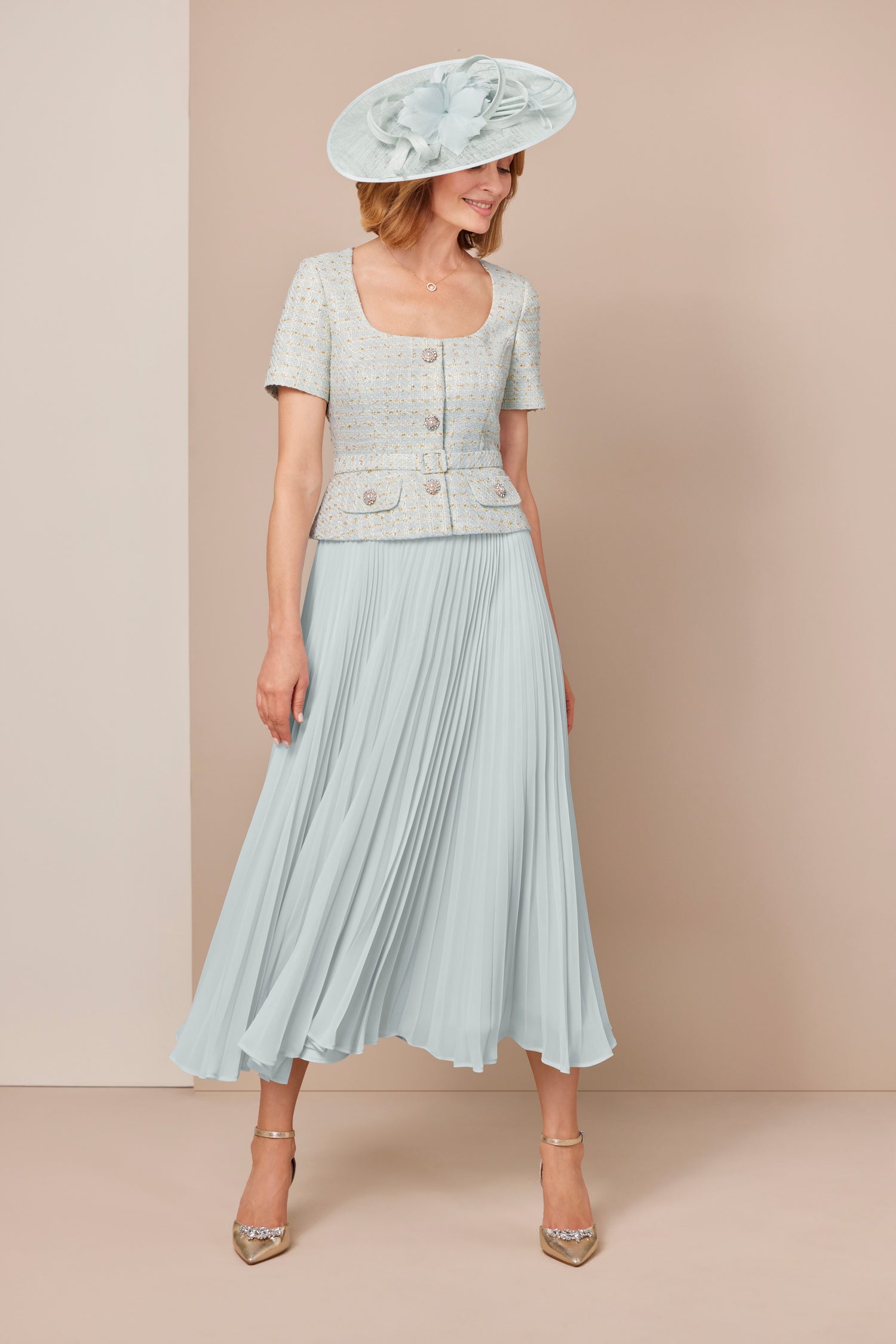 Condici Short Sleeve Chiffon and Tweed Occasion Suit Dress in Aqua Haze