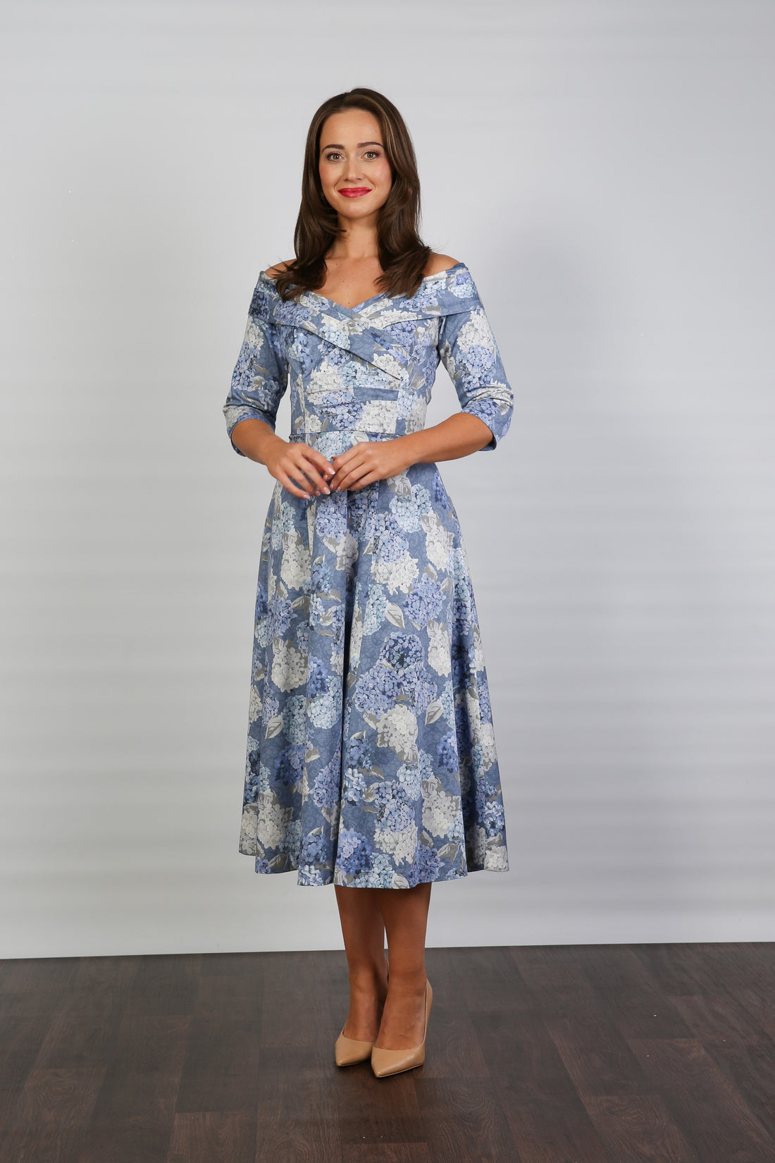 Bombshell Libby Bardot A-line Dress in Hydrangea