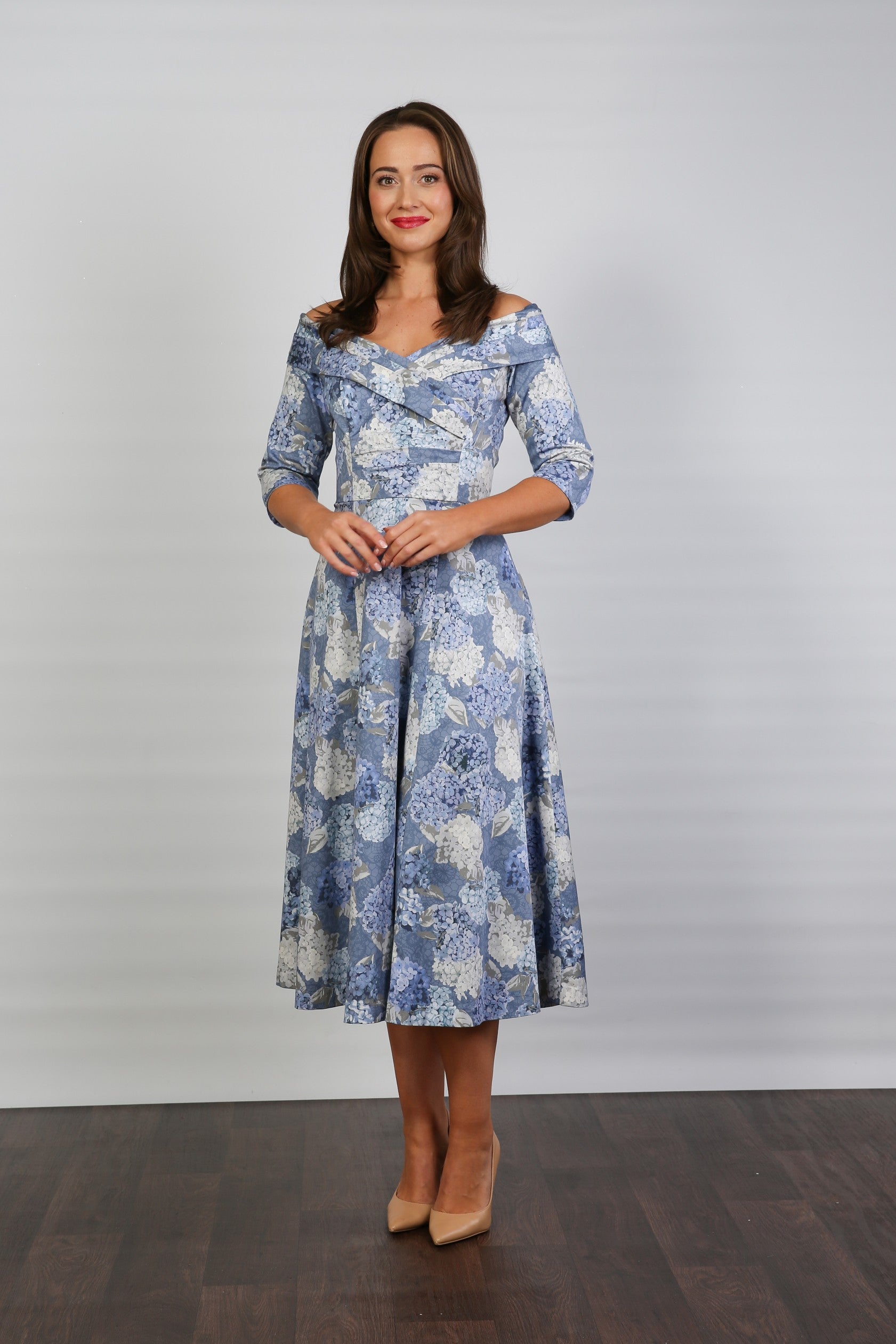 Bombshell Libby Bardot A-line Dress in Hydrangea Blue